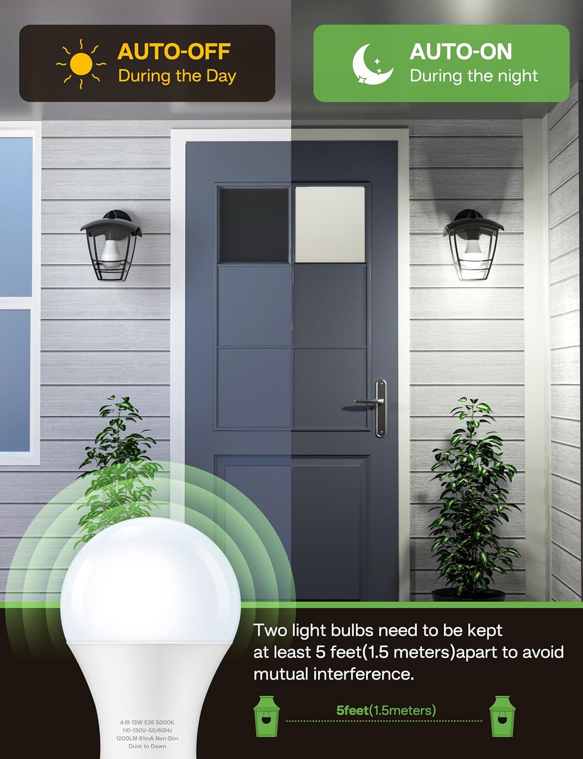 Dusk to Dawn Light Bulb Outdoor 100W Equivalent, Daylight 5000K, 1200LM