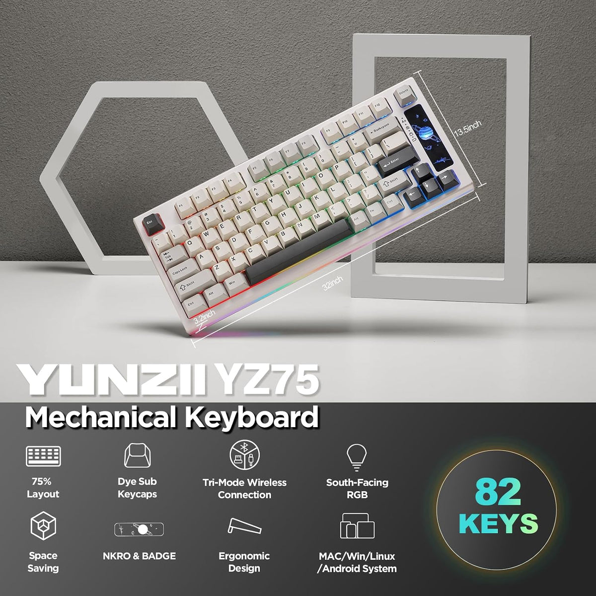 YUNZII YZ75 75% Gaming Mechanical Keyboard(White, Gateron G Pro Yellow)