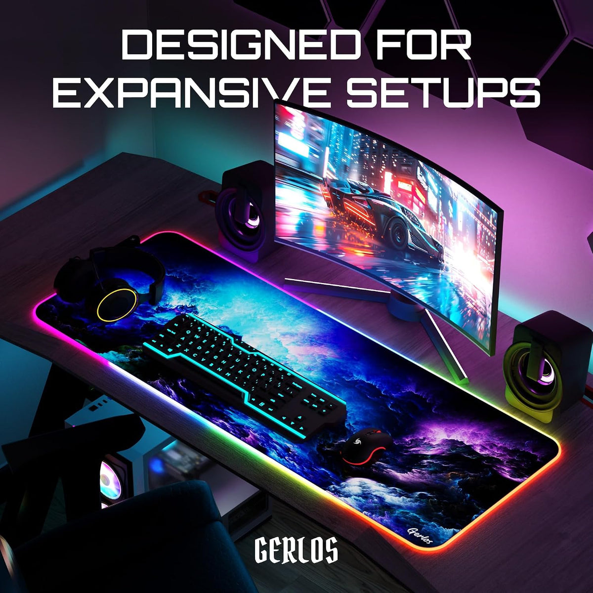 RGB Gaming Mouse Pad, Large LED Desk Mat, 31.5 x 11.8 Inch | 12 light modes, non-slip base, water-resistant surface, stitched edges