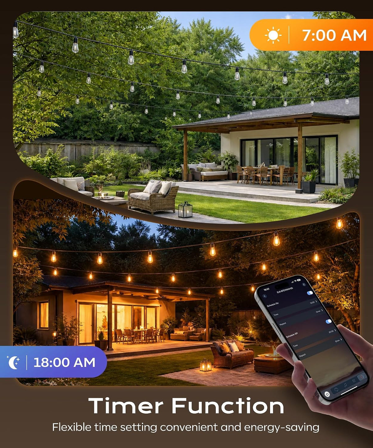 Outdoor String Lights, 150 FT Patio Lights for Outside, Smart App & Remote Control with Timer, Dimmable with 4 Scene Modes, Warm White Waterproof LED Bulbs for Garden, Yard and Backyard Decor
