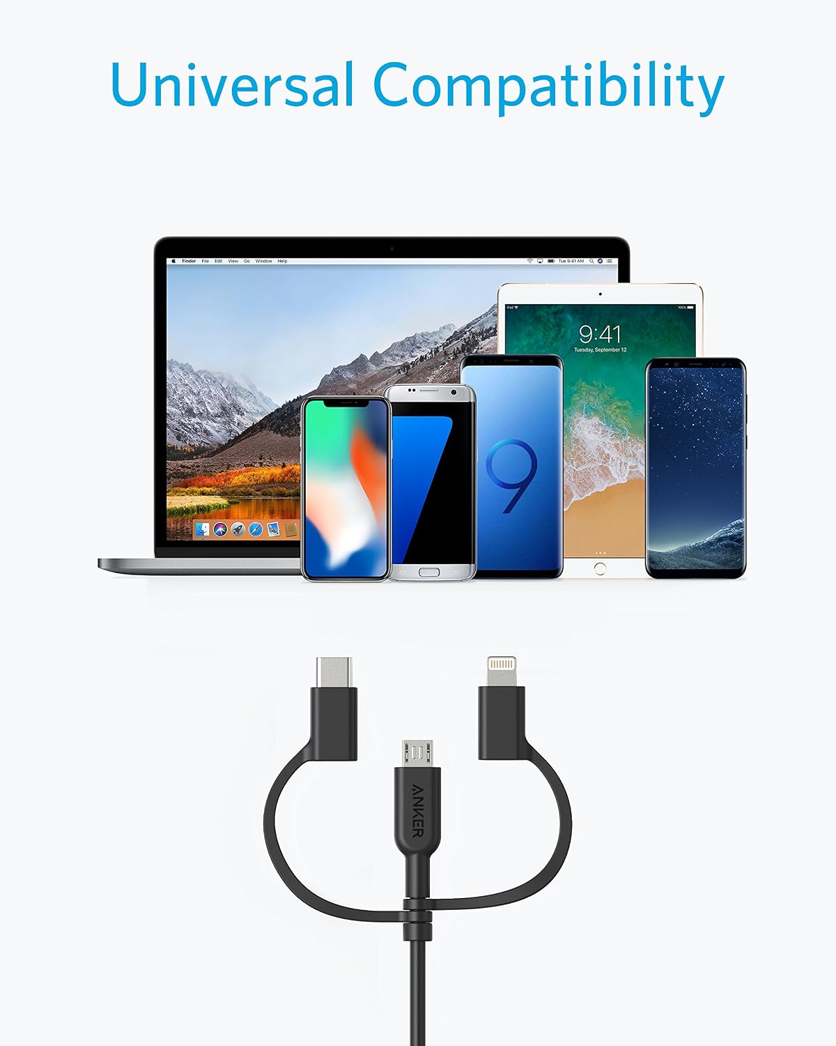 Anker Powerline II 3-in-1 Lightning, USB C, Micro USB Cable (3 ft, Black) | Compatible with iPhone, iPad, Huawei, HTC, LG, Samsung, Sony Xperia, Android Devices, and More