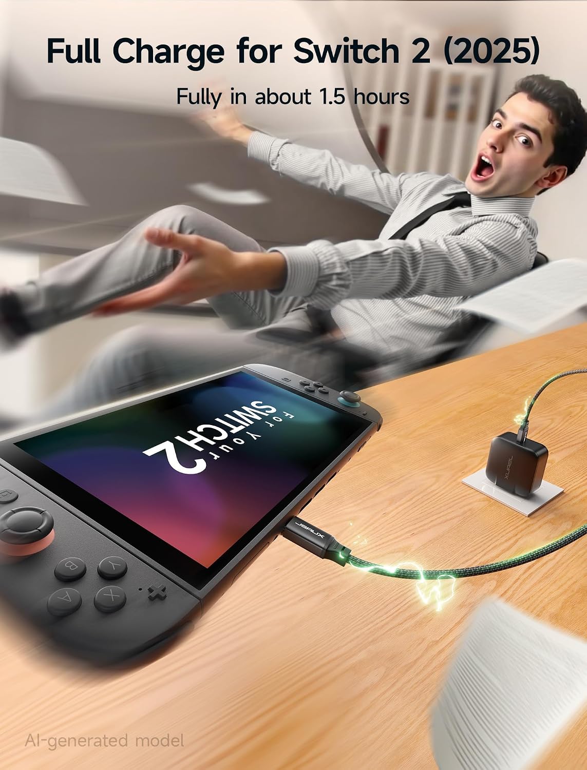JSAUX 65W GaN USB C Charger for Switch 2, EU/UK Plug, 6.6FT Cable, Black | Powers in TV Mode, GaN PD Fast Charge for ROG Xbox Ally, Steam Deck, ROG Ally, iPhone 17, Galaxy, Tablet & Laptop