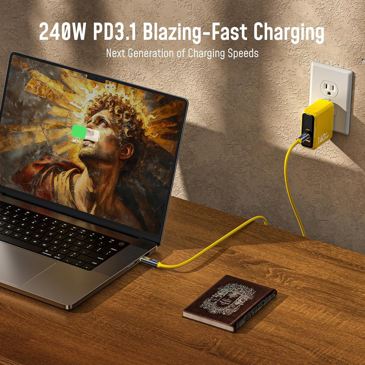 AOHI USB4 2.0 Cable with LED Digital Display 3.3ft, 240W PD3.1 Fast Charging, 80Gbps Data Transfer, Dual 8K Display, The Adonis USB C Cable for MacBook Pro/iPhone 17 Pro Max/Galaxy/SSD/Docking,Yellow