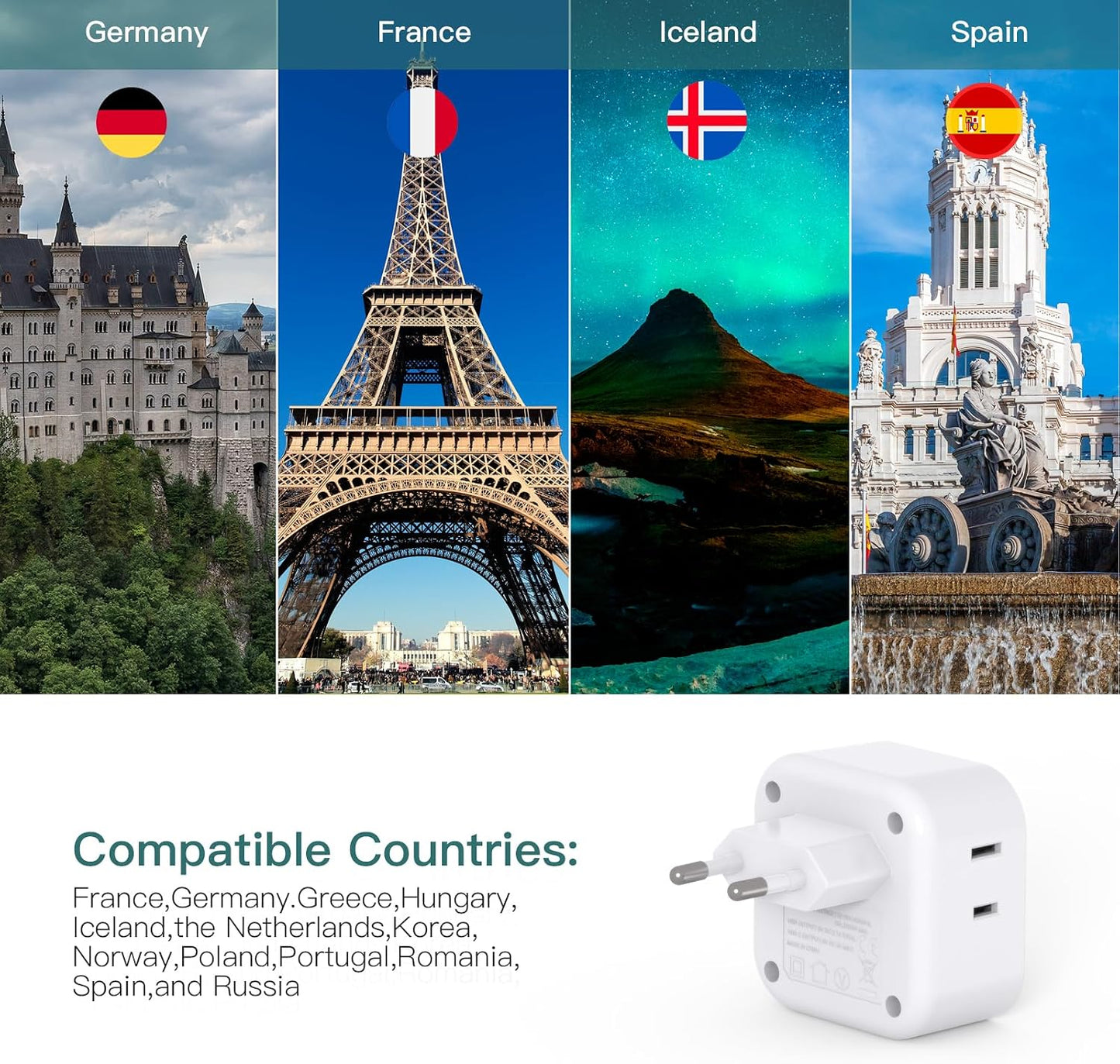 2 Pack European Travel Plug Adapter, US to Europe Plug Adapter with 3 Outlets 3 USB Charging Ports(2 USB C), Type C Adapter Travel Essentials to Most Europe EU Spain Italy France Germany Iceland