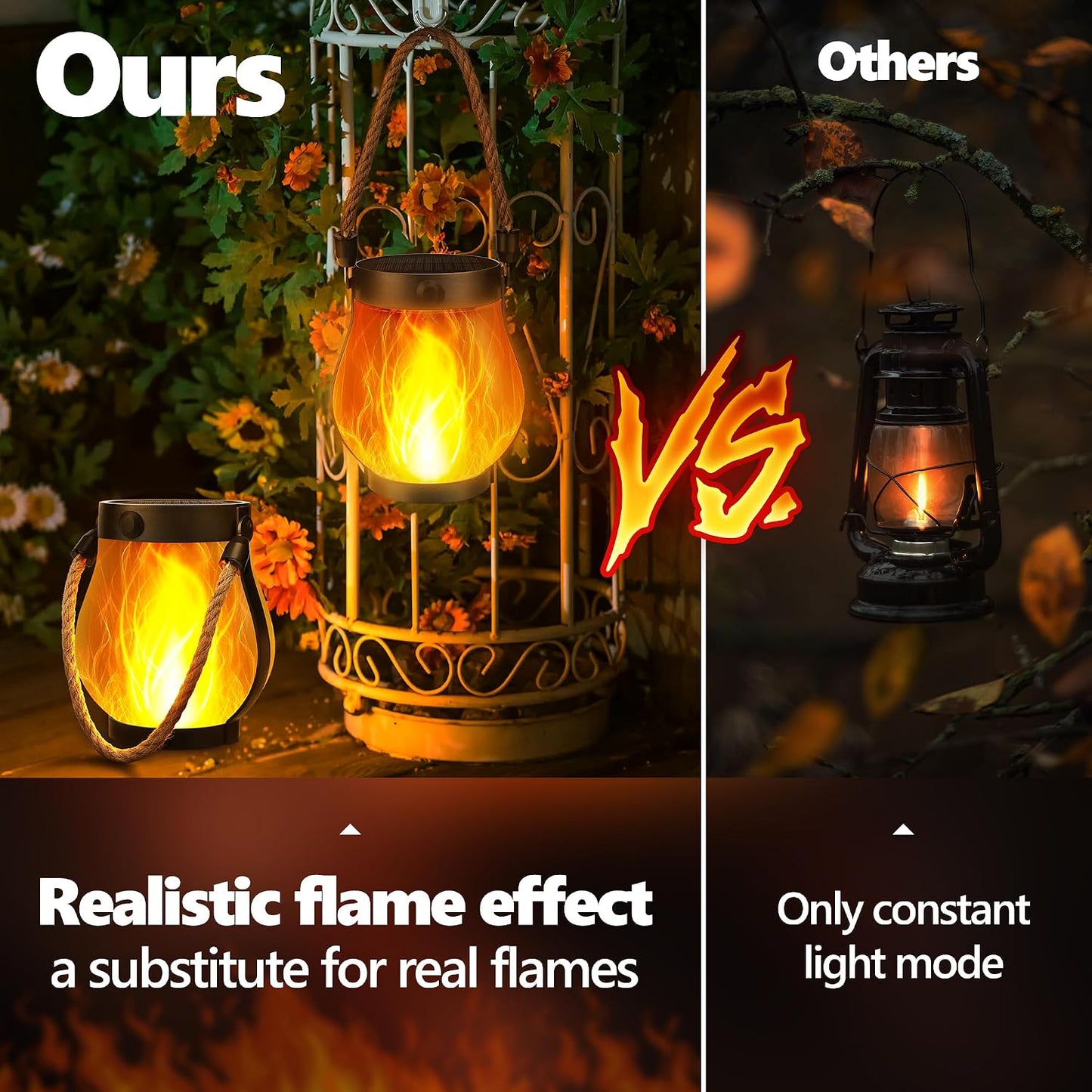 iBaycon 2 Pack Gen2 Solar Lantern Lights USB Ultra-Real Flame, Warm White | Solar Garden Lights with Solar & USB-C Dual Charging, 2 Modes Outdoor Waterproof Hanging Lantern for Patio Yard Home