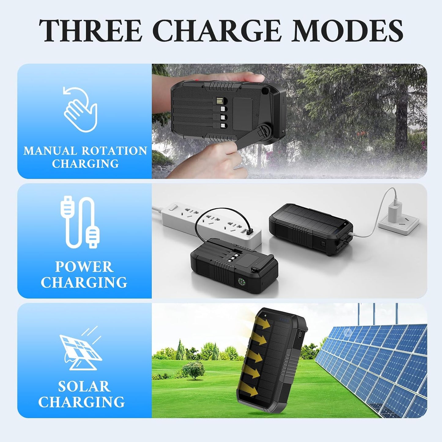 Solar Power Bank 66800mAh Built in Hand Crank for Camping and Hiking | Fast Charge,4 Built in Cable, 5 Outputs & 3 Inputs Multi Device Charging,Camping Essentials/SOS/Flashlight/Compass,Waterproof