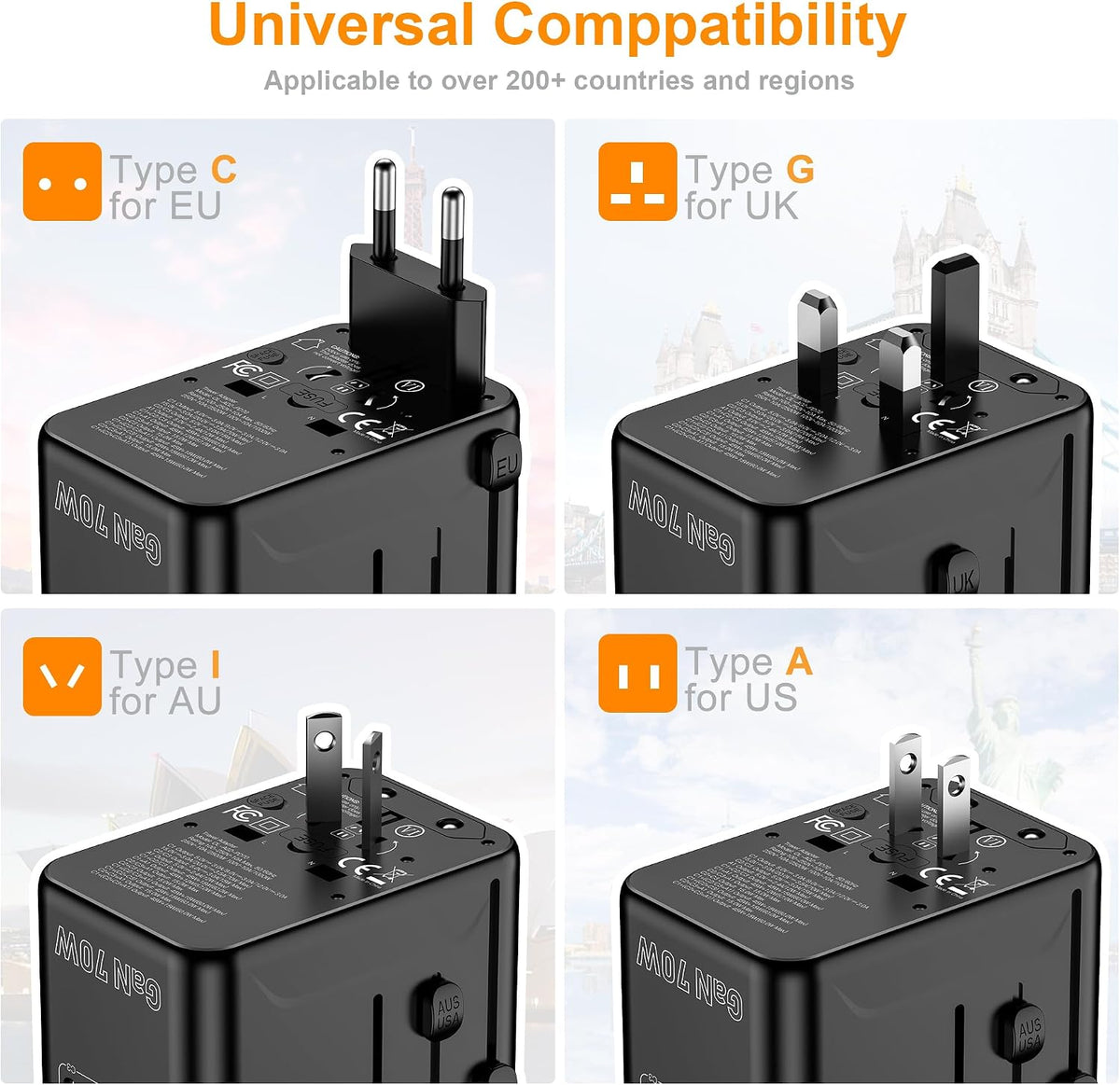 VYLEE 70W GaN International Travel Adapter, Universal Travel Adapter | 3 USB-C & 1 USB-A Ports, Worldwide Wall Charger for US to Europe, UK, Ireland, AU, Asia, Works in 200+ Countries