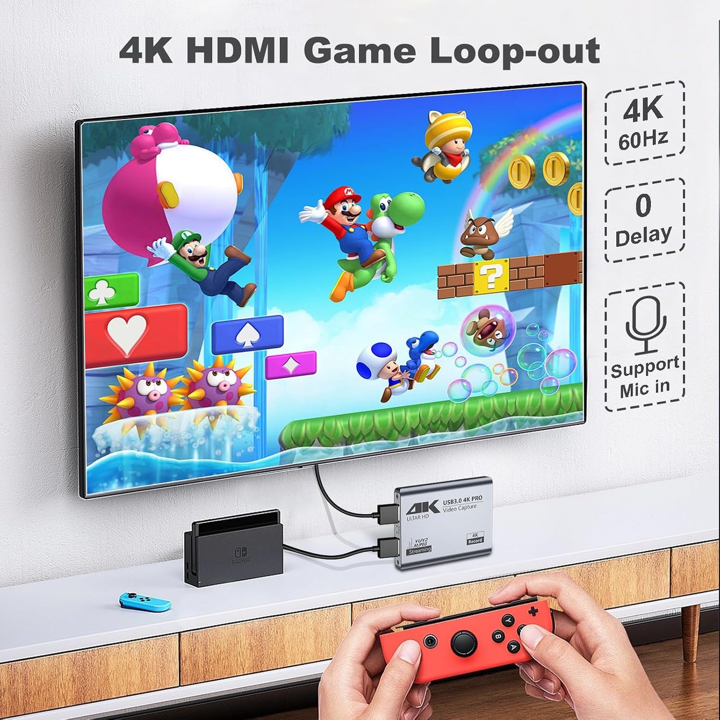 USB 3.0 4K Video Capture Card for PS5/Switch/Xbox/PC | 1080P60Hz/2K30Hz/4K18Hz Capture, 4K60Hz HDMI Loop-Out, High-Speed Interface, OBS Compatible, Near-Zero Latency, Plug & Play