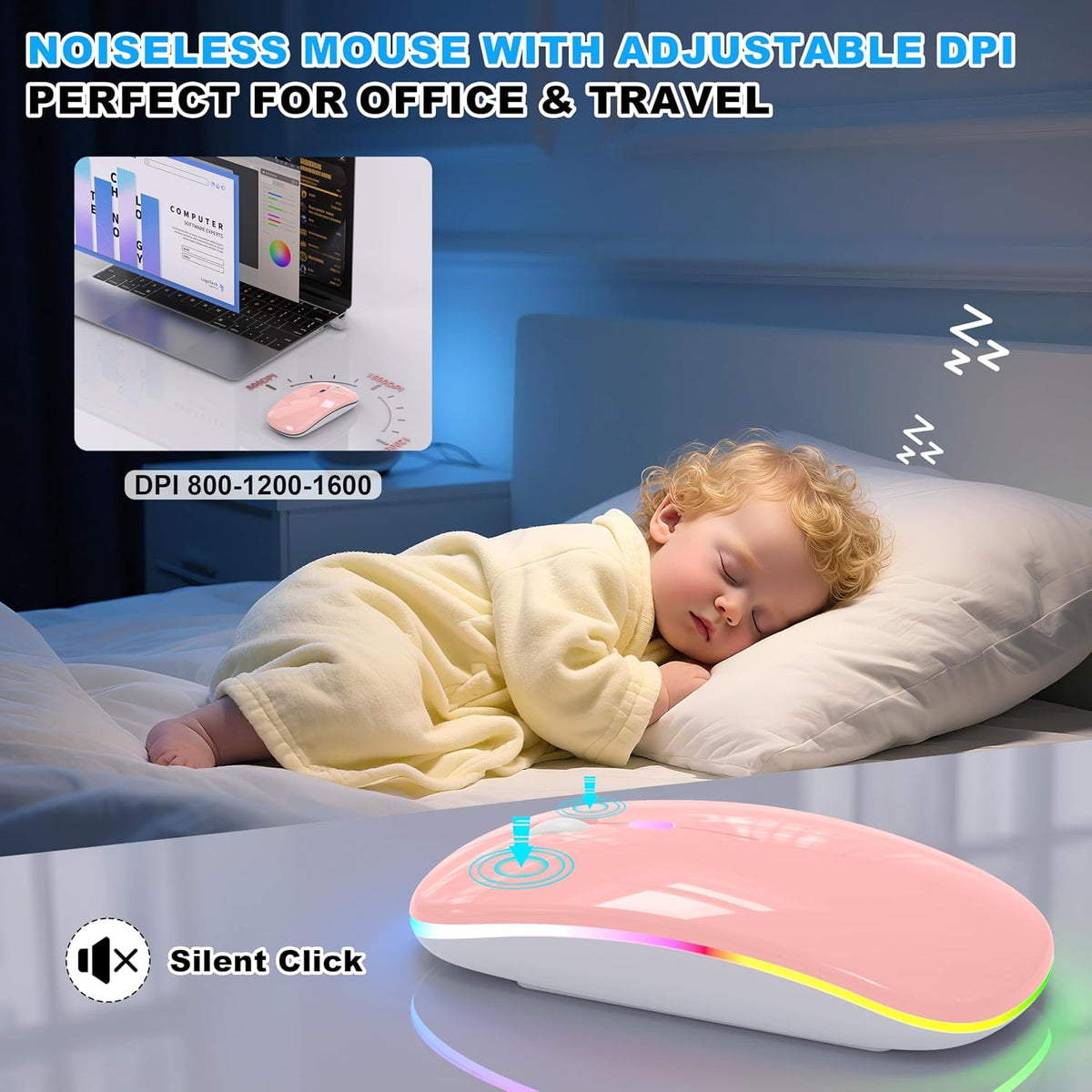 LED Bluetooth Wireless Mouse for MacBook Air Mac Pro Laptop iPad–Baby Pink