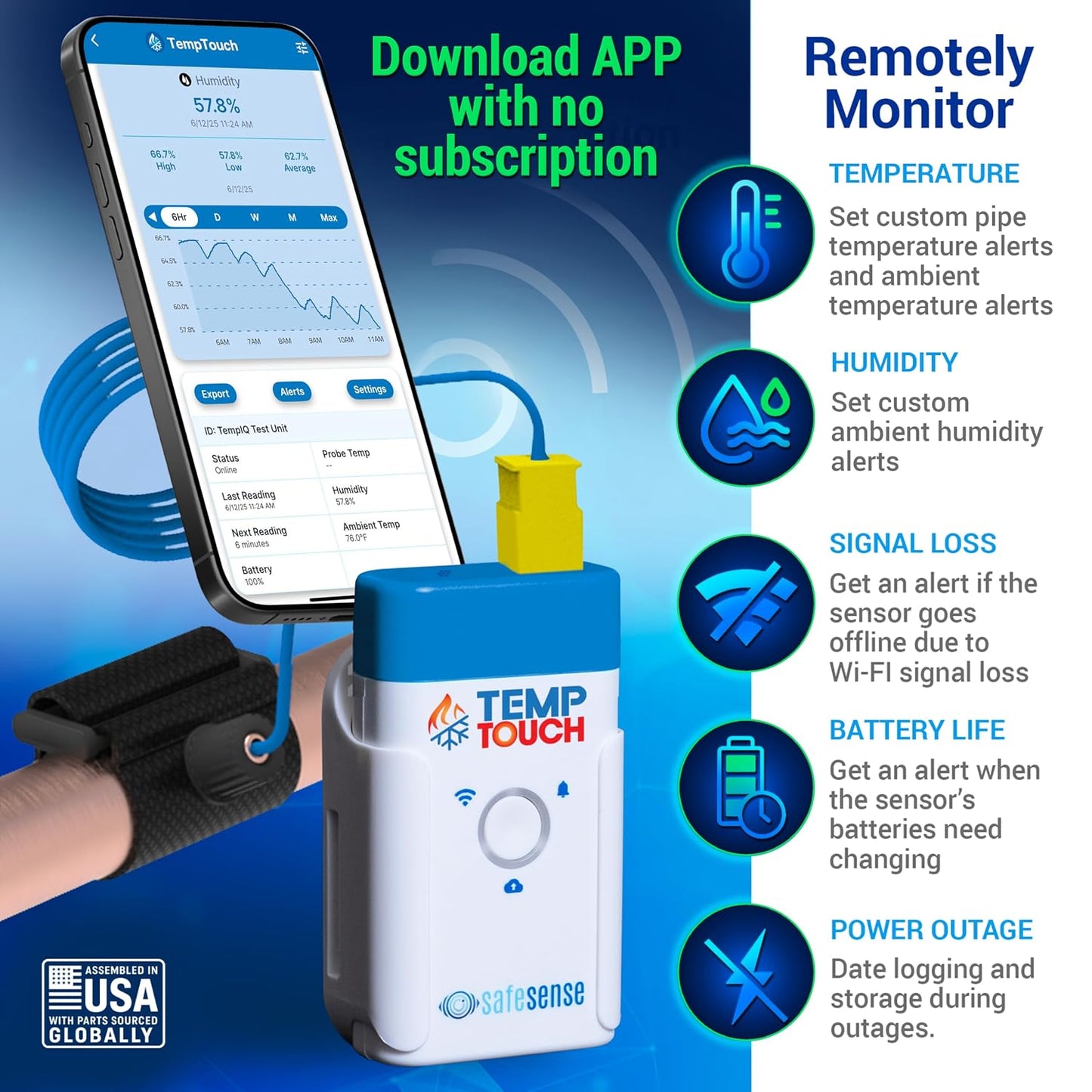 TempTouch WiFi Clamp Temperature and Humidity Sensor, Smart Thermometer for Plumbing and HVAC, App-Controlled Wireless with Velcro Strap
