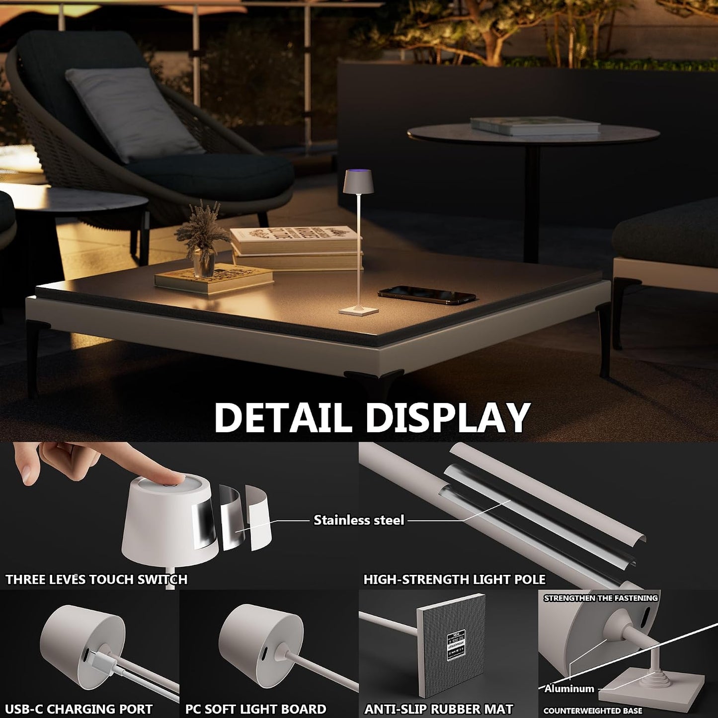 Timjorman Compact Cordless Table Lamp, Rechargeable LED Night Light, Dual Light Source (RGB Top & Warm Bottom), Touch Control & Timer, Metal Lamp for Bedroom & Kids Room (Greige 1PACK)