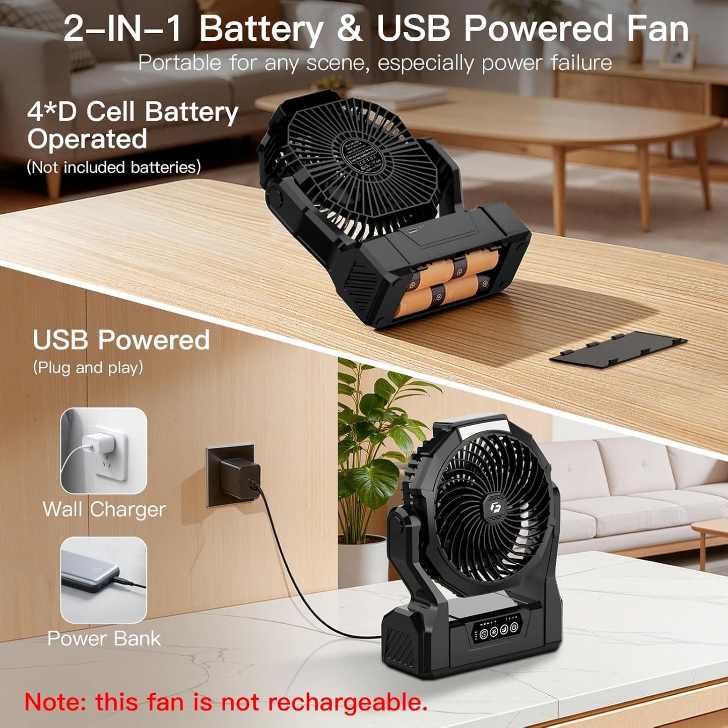 Battery Operated Fan, 2-in-1 D-Cell Battery & USB Powered Portable Fan with 4 Speeds, 3 Timers & 2 Light Modes, Super Long Lasting Camping Fan for Outdoor Tent Travel Picnic Office Bedroom - Black