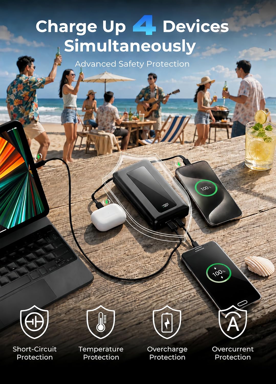 50000mAh Portable Charger Power Bank, Fast Charging with Built in Cables | Ultra-High Capacity, Travel Essential, Charge 4 Devices, Flashlight, for iPhone 17/16/15 Series, Samsung, iPad & Laptops Onyx