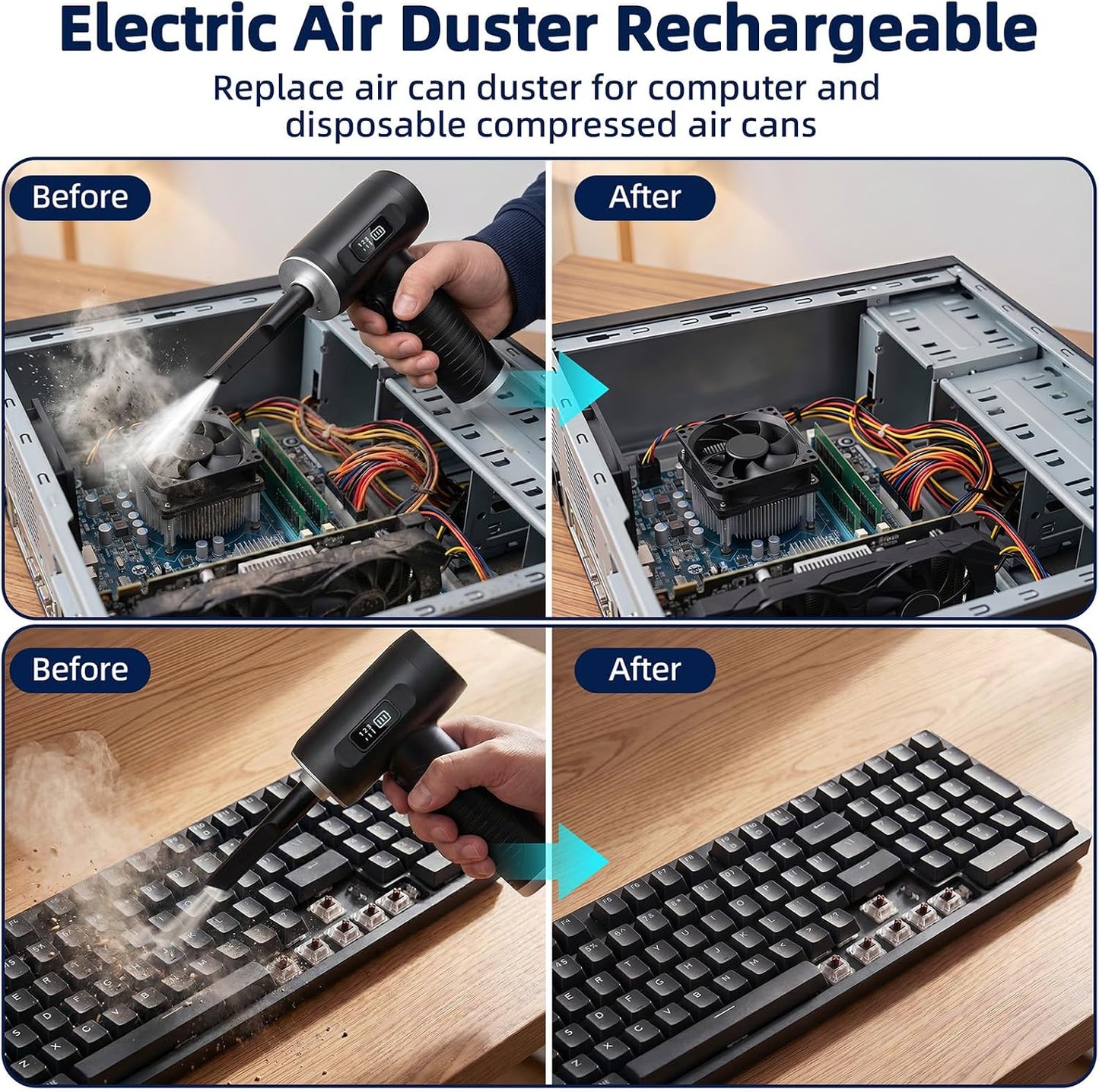 Compressed Air Duster, 100000RPM Super Power Electric Air Duster with LED Light, 3-Gear Adjustable Rechargeable Cordless Air Blower for Keyboard Car House Electric Devices Cleaning Outdoor