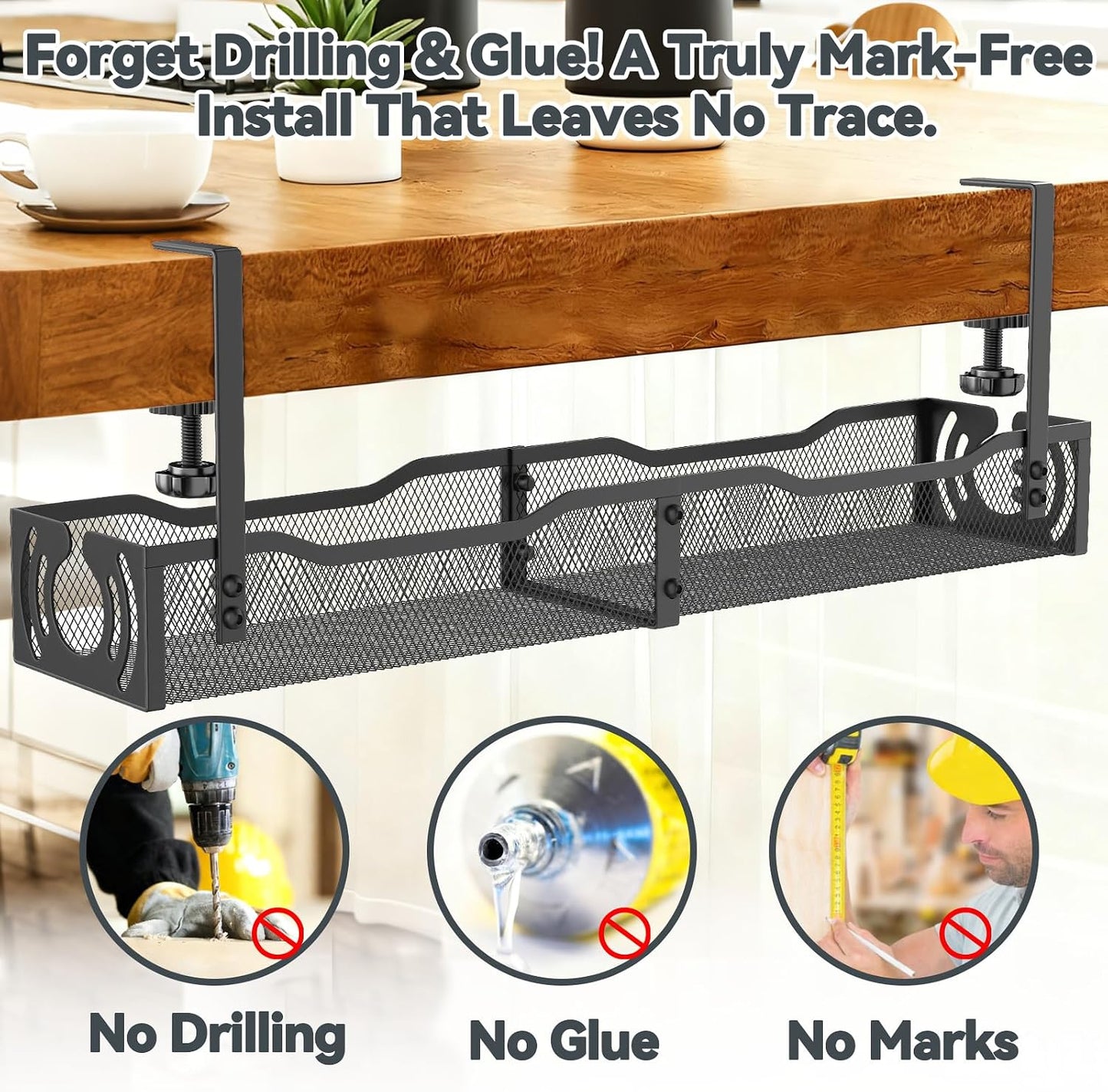 Cable Management, 25.3'' Under Desk Cable Management Tray No Drill | Metal Cable Organizer with Clamp for Wire Management, Cord Organizer for Home Office, Desk Accessories Organizer, Black
