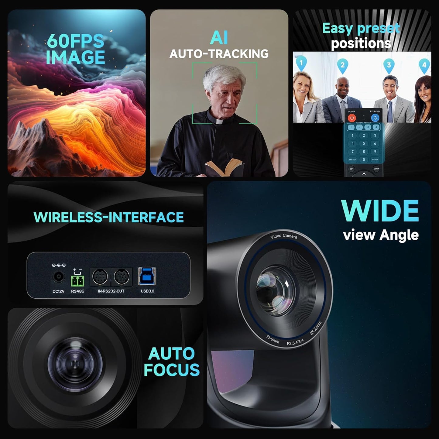 TONGVEO AI Wireless PTZ Camera System with Auto Tracking Built-in Receiver & Bluetooth Speakerphone, 5.8GHz 1080P 60fps Conference Camera with 3X Optical Zoom, for Church Zoom, OBS Meetings