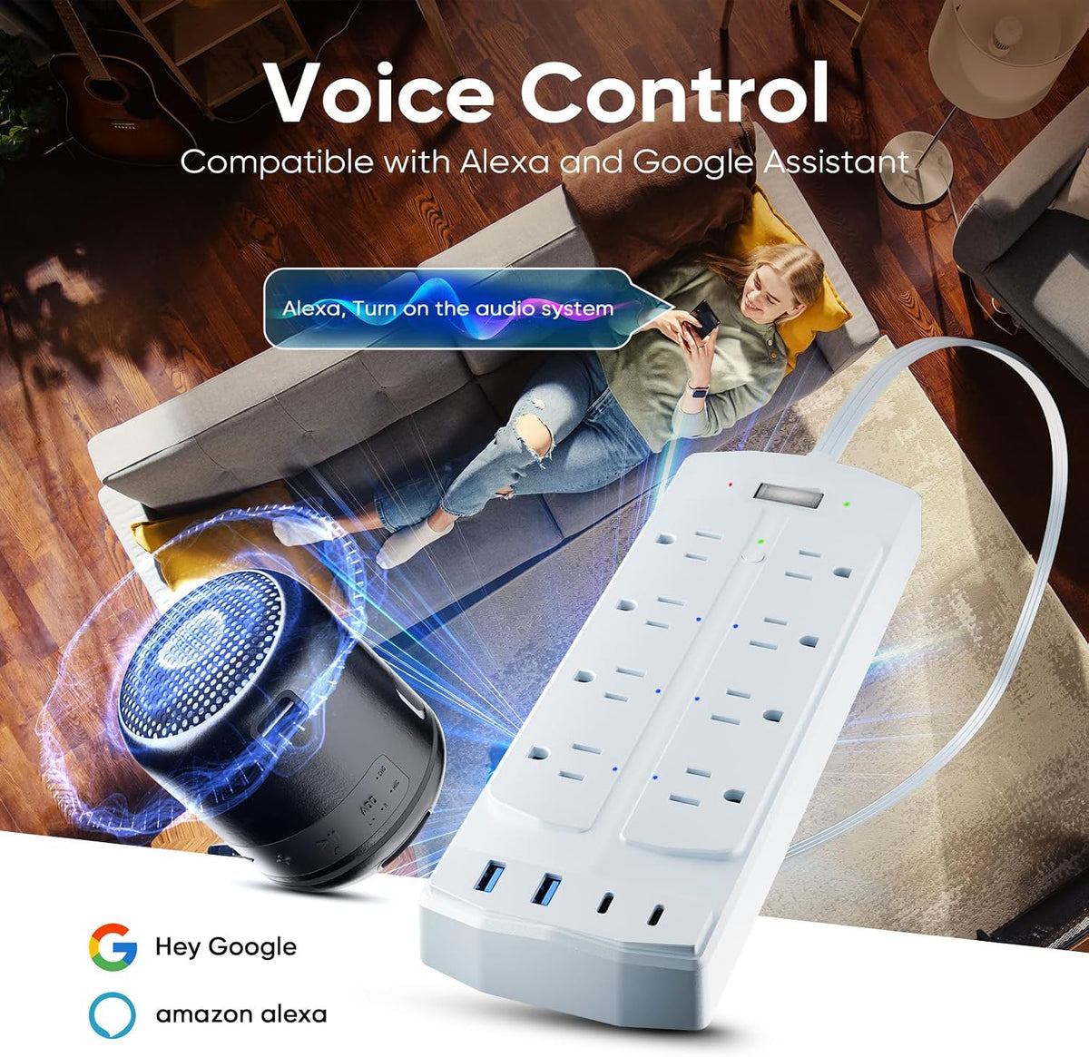 Smart Power Strip, Yozisital Charging Station with 6 Smart Outlets and 4 USB Ports, 5FT Flat Plug Extension Cord for Home Office, Compatible with Alexa & Google Home