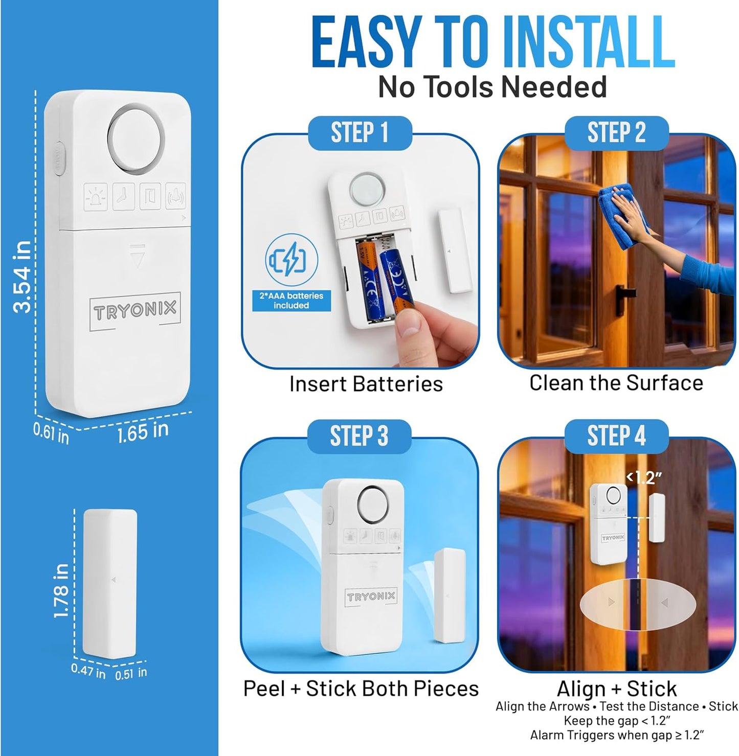 Door Alarms When Opened for Kids & Elderly – 130 dB Loud Door & Window Alarm, 1.2” Wide Gap Sensor, Instant & Delay Alerts, 3 Volume Levels, AAA Batteries Included, Low Battery Alert, 2 Pack