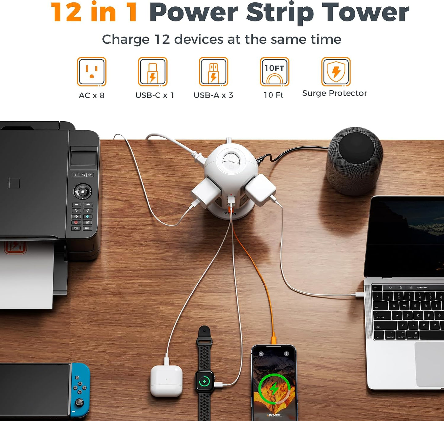 TESSAN Tower Surge Protector Power Strip, 10 ft Long Flat Extension Cord | 8 AC Outlets with 4 USB Ports (1 USB C), Charging Station with Surge Protection, for Home Office Dorm Room Essentials