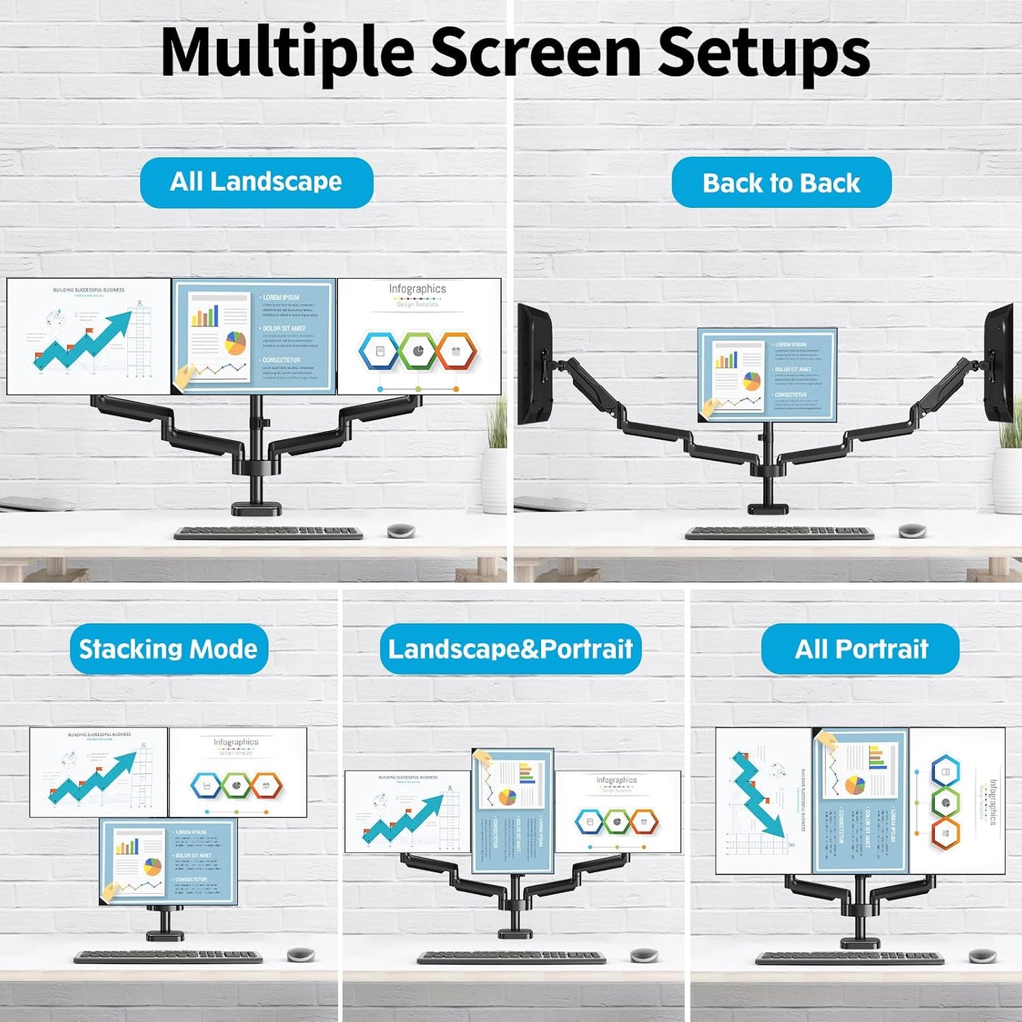 MOUNTUP Triple Monitor Mount for 17-32 inch Screens, Full Motion Triple Monitor Stand, 3 Monitors Desk Mount Holds 4.4-19.8 lbs Each, Clamp & Grommet Mounting, Black