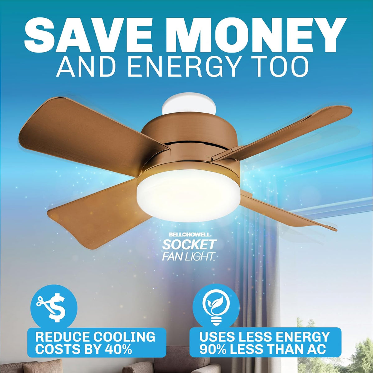 Bell+Howell Socket Breeze Socket Fan Light with Remote | 3500K, 1000 Lumens, Portable, Easy to Install Ceiling Fans Replacement for Bedroom, Kitchen, Living Room