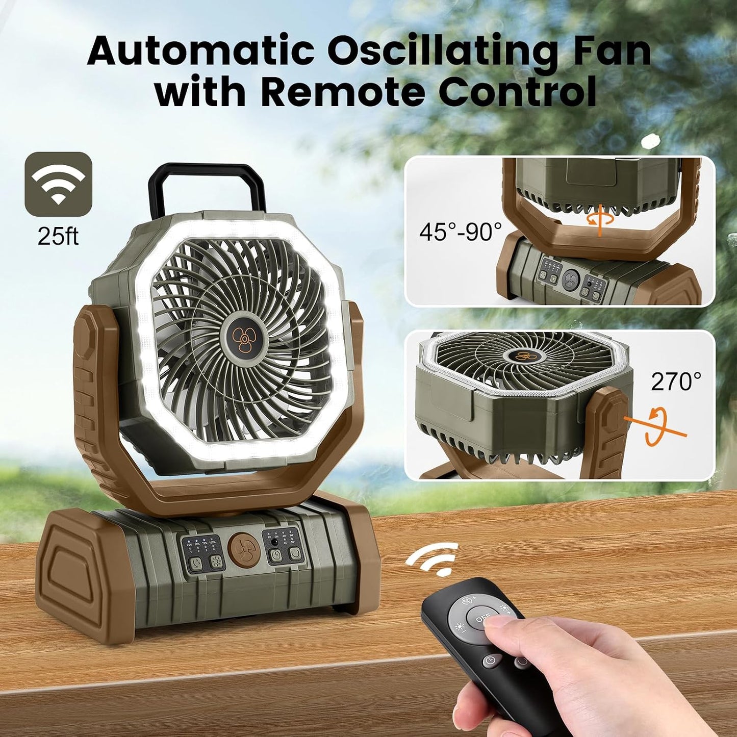 Odoland 30000mAh Camping Fan with LED Lantern, Rechargeable Battery Fan | Operated Oscillating Fan with Remote & Hook, Portable Tent Fan with Timer, 4 Speeds for Outdoor Camp RV Power Outage, Brown