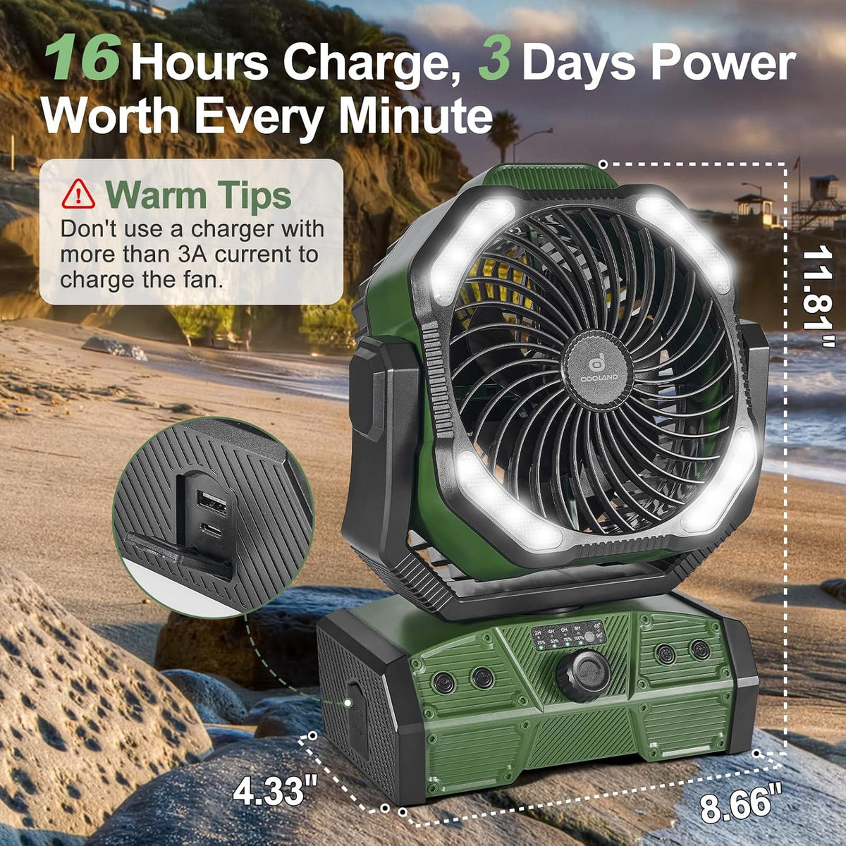 Odoland 40000mAh Camping Fan with Lantern, Battery Operated Oscillating Fan | Desk Fan with Remote & Hook, Rechargeable Outdoor Tent Fan with Timer for Hurricane Power Outage Travel Jobsite RV, Green