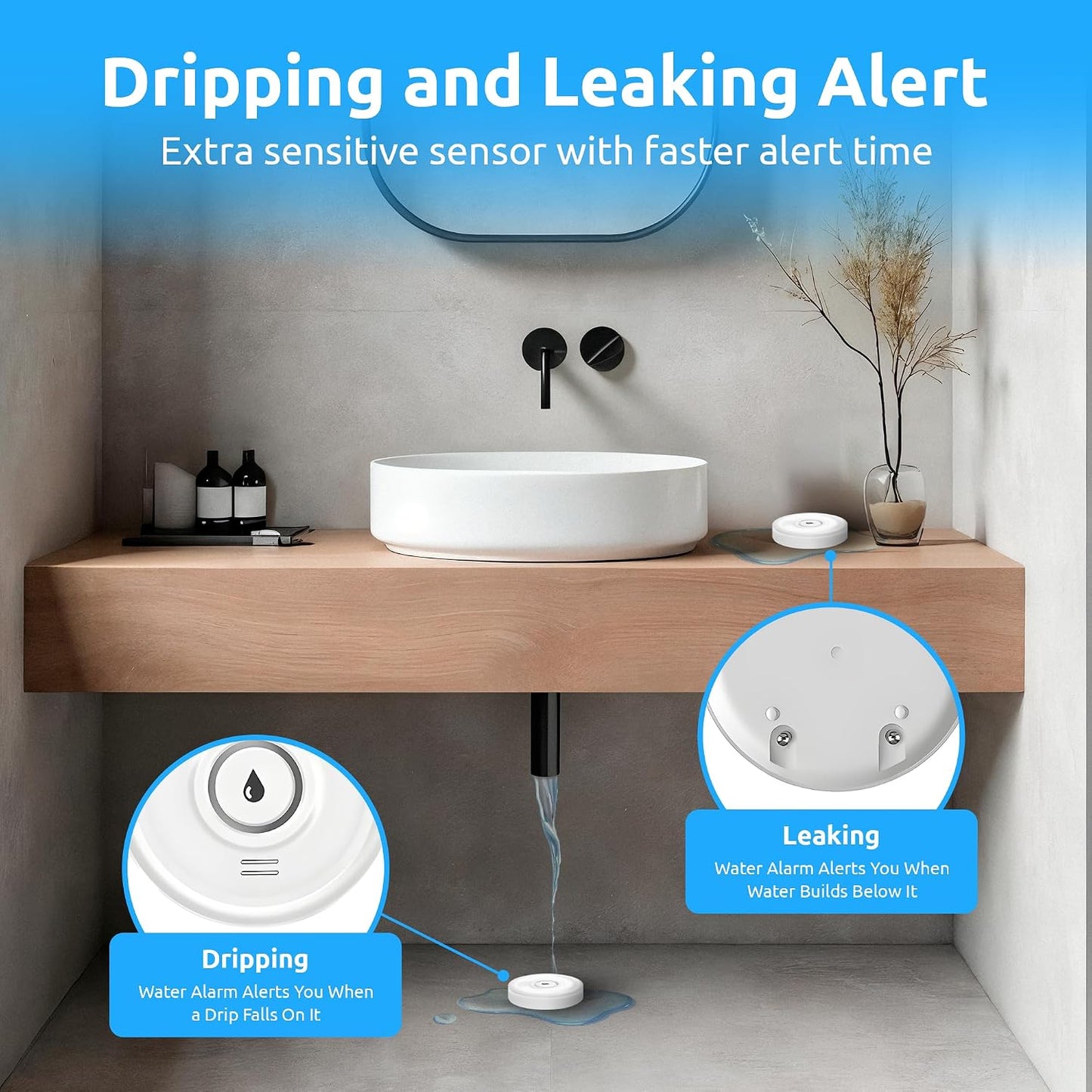 Drip Defender Pro Water Sensor WiFi Water Leak Detector for Home 100dB | High Sensitivity Smart Moisture Alarm, IP66 Waterproof, Easy Installation for Kitchens, Basements, Bathrooms, Laundry