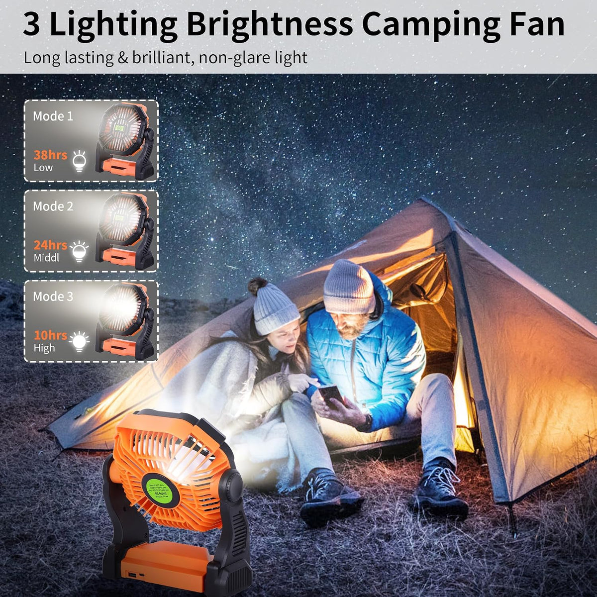 20000mAh Portable Fan Rechargeable Battery Powered Fan Camping Essentials | TDLOL Cordless Rechargeable Battery Operated Camping Fan with Light & Hook,USB Personal Fans Outdoor Beach Tent Travel Desk