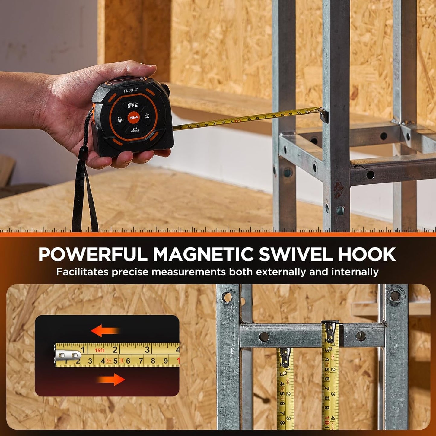 Laser Tape Measure 2-in-1, 197Ft Laser & 16Ft Digital Tape Measure | LCD Display, Pythagorean Mode, Area/Volume Calculation, USB-C Rechargeable, For Woodworking and Construction
