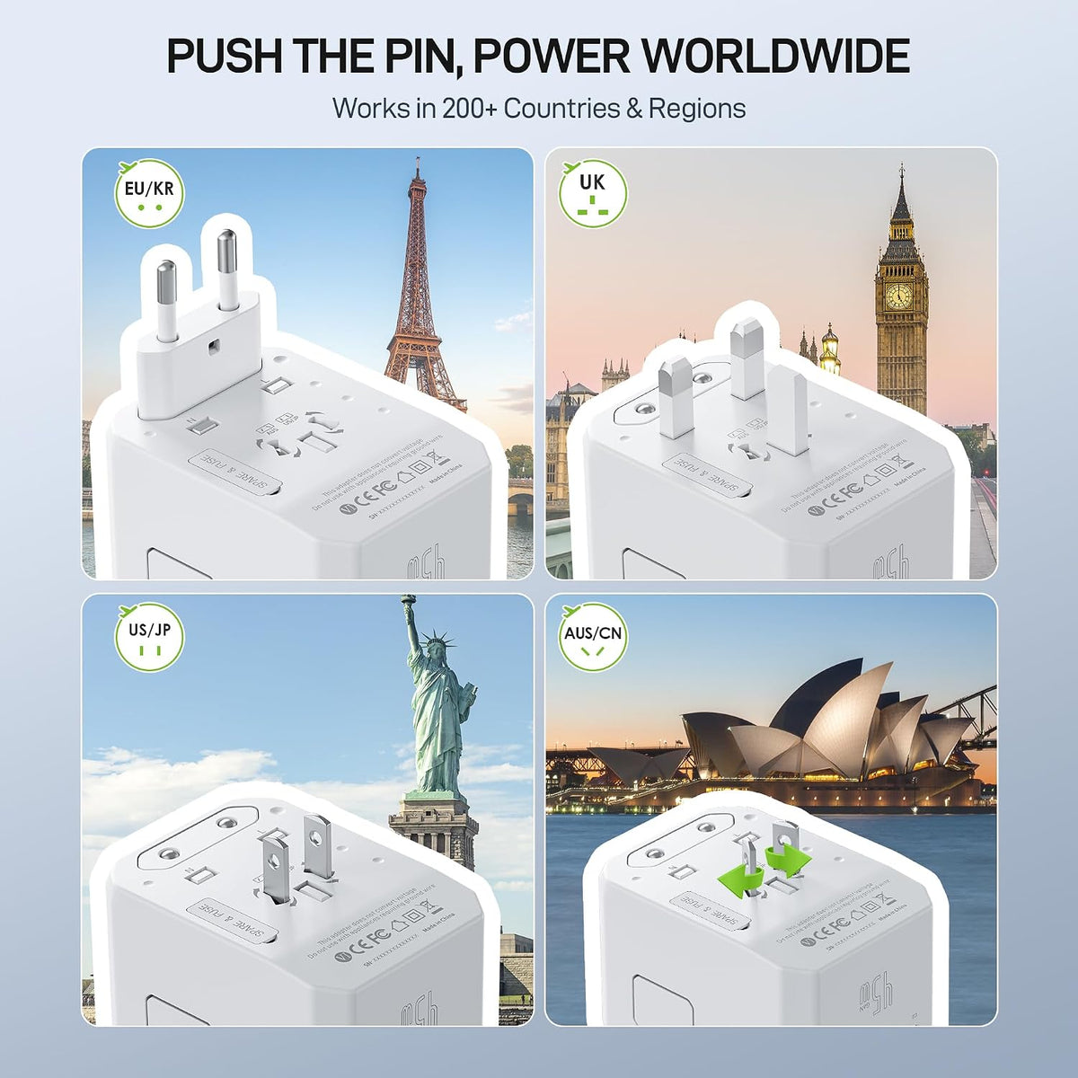 EPICKA 45W Universal Travel Adapter PD&QC, 1AC/4USB-C/1USB-A | Travel Plug Adapter for EU/US/UK/AUS, Fast Charging for Multi-Device, Not A Voltage Converter, TA-105S, White
