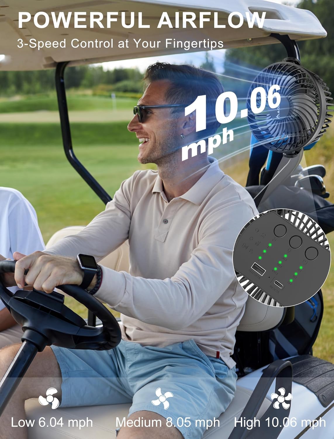[Upgraded 2X Magnet] 2-Pack Magnetic Golf Cart Fan Rechargeable, 12000mAh Battery Operated Portable Fan with Light, Magnetic Base, Suitable for EZGO Club Car Yamaha, Golf Cart Accessories 2026