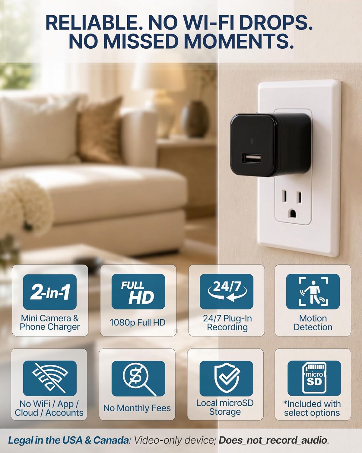 Plug-in Full HD Dome Camera - Premium Reliable 1080p Pet Cam with Motion Detection – Easy No-WiFi Setup & Data Protection – Ideal for Pet Nanny Use, Without Card