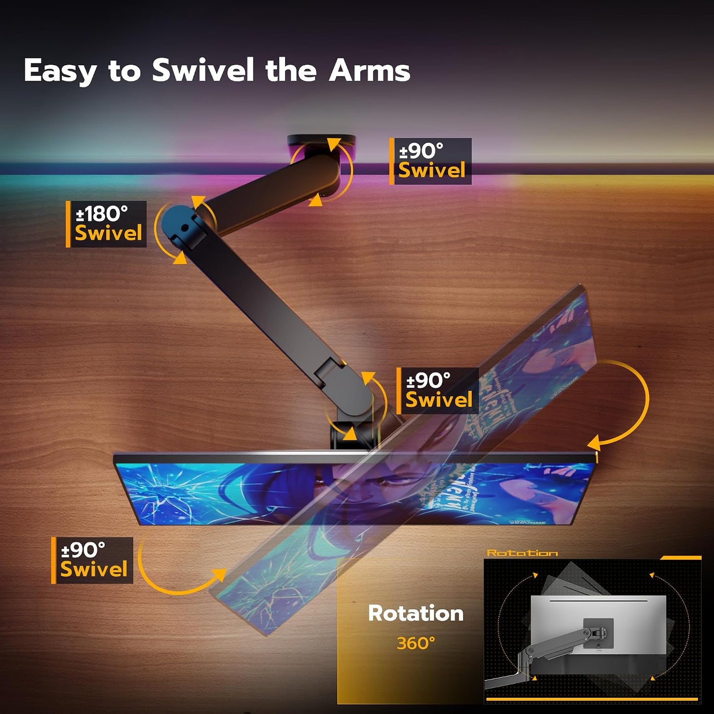 ARES WING Wall Mount Monitor Arm for 17-49 Inch Ultrawide Screens, Black | Heavy Duty Single Monitor Arm Holds 44 lbs, Fully Adjustable Gas Spring Monitor Wall Mount, 75x75/100x100 VESA Mount