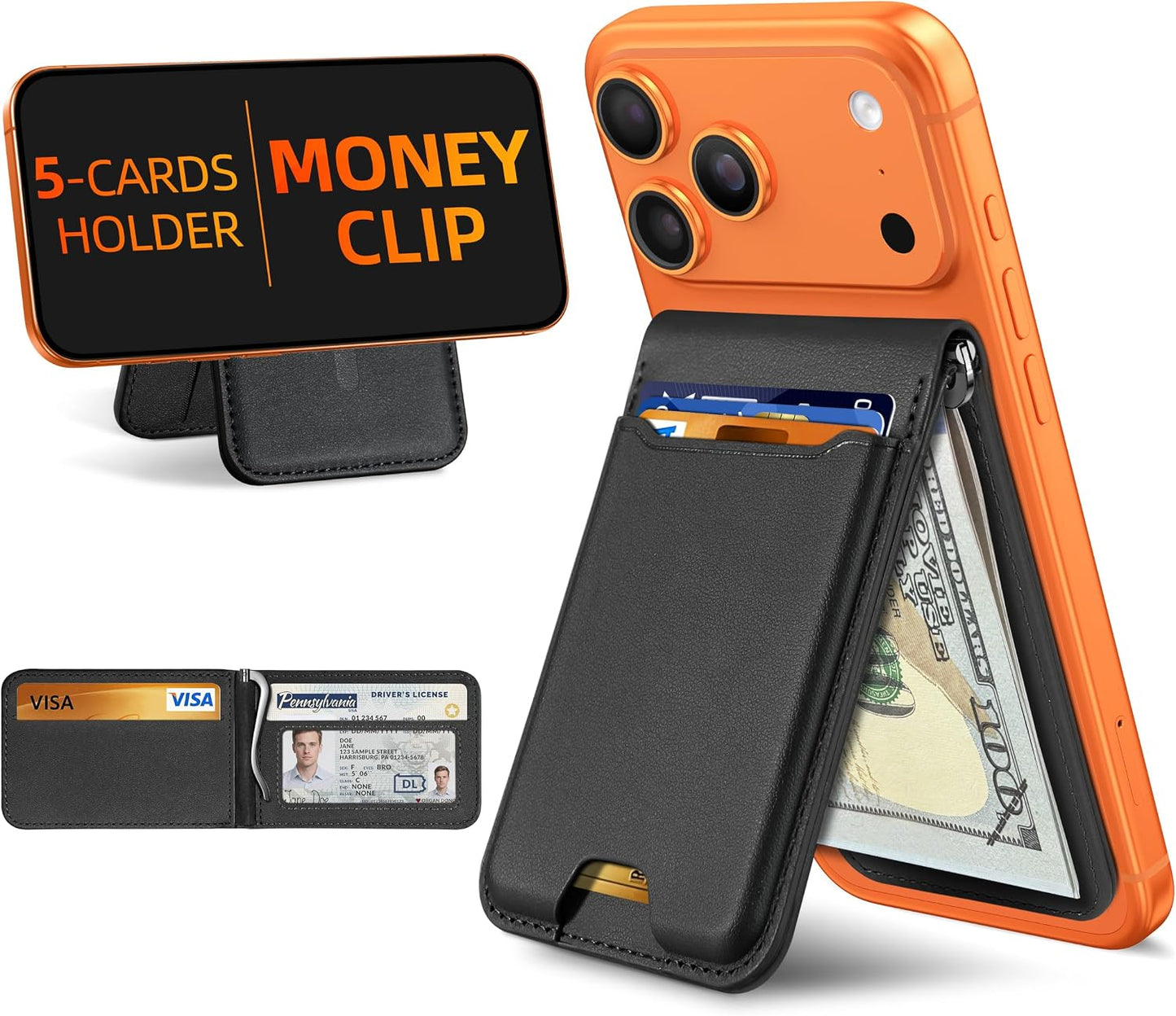 for Magsafe Wallet with Money Clip, 5 Card Holder with Stand | Strongest Magnetic Wallet for iPhone 17/16/15/14/13/12 Series, ID Window, RFID Blocking, Not for 13/12 Mini, Black