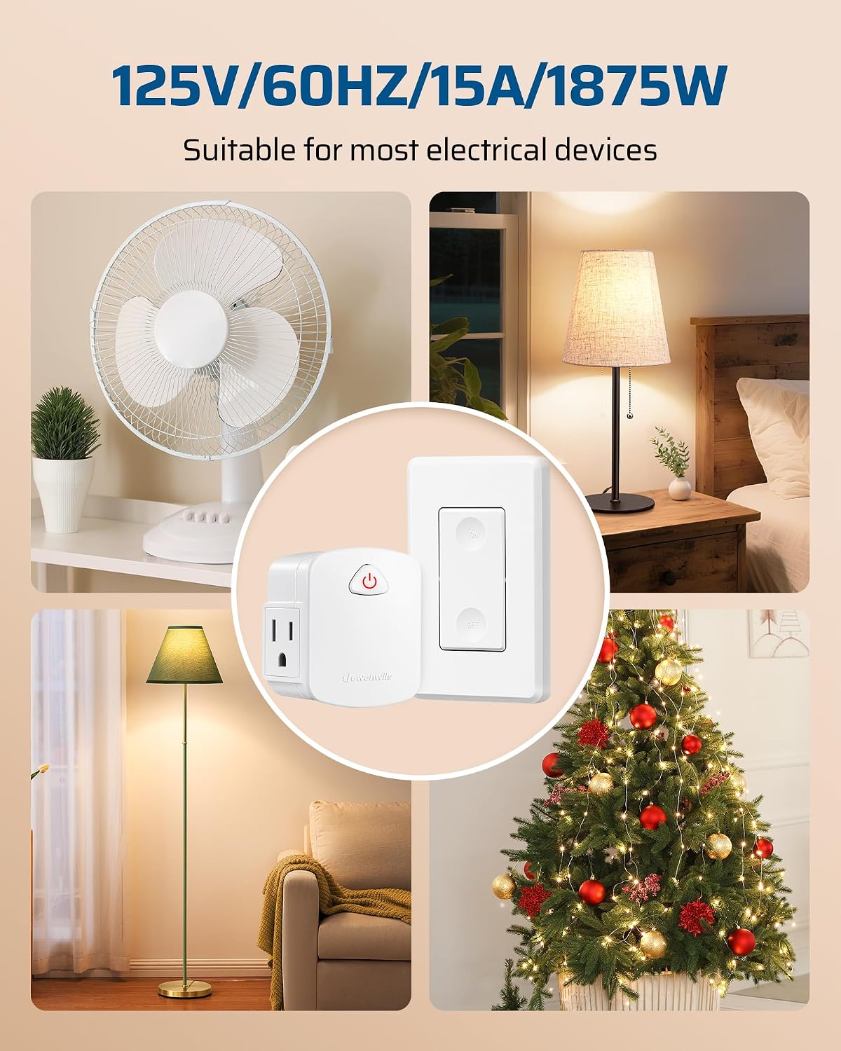 DEWENWILS Remote Switch Outlet with Side Outlet, 15A/1875W, ETL Listed | 100FT Range, 15A/1875W/125V/60Hz, No Wiring Needed, Programmable Wireless Light Switch for Lamps, Fans, Household Appliance