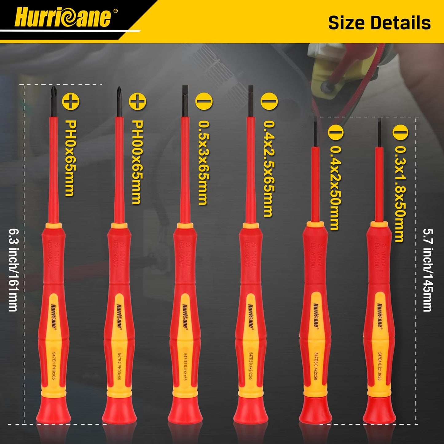 HURRICANE Premium 1000V Precision Insulated Screwdriver Set, 6 Piece S2 Steel Mini Electrician Screwdrivers with SL1.8/2.0/2.5/3.0mm & PH00/PH0, VDE Certified for DIY & Professional Electrical Repair