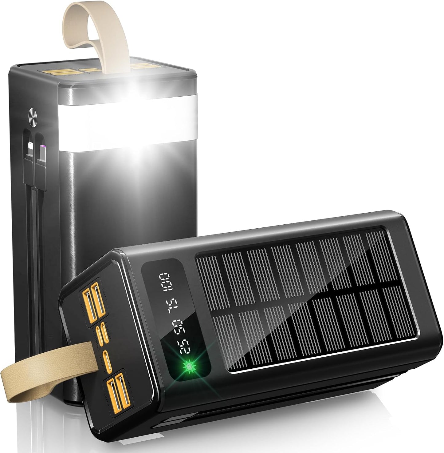 80000mAh Solar Battery Charger, 35W Fast Charging Solar Power Bank,Built-in USB-C/Lightning Cables for Camping,Travel,Emergencies,Tech Devices| 9-Port PD/USB-C, LED Flashlight (Black-Cable)