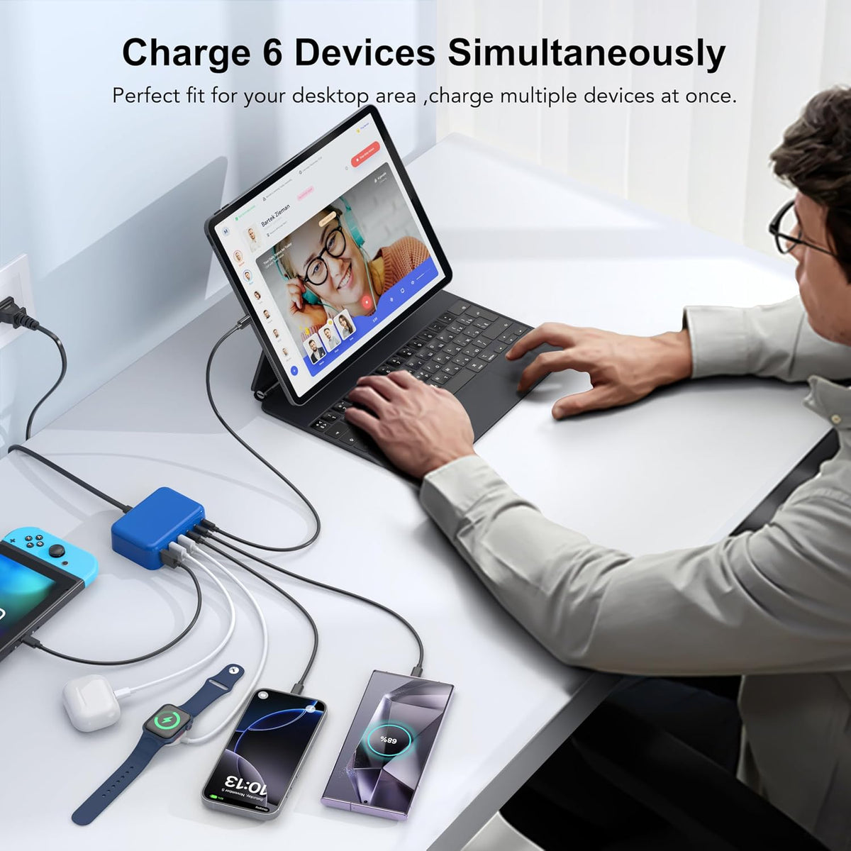 USB Fast Charger Block 50% Smaller 100W Max 6-Port GaN USB Charging Station