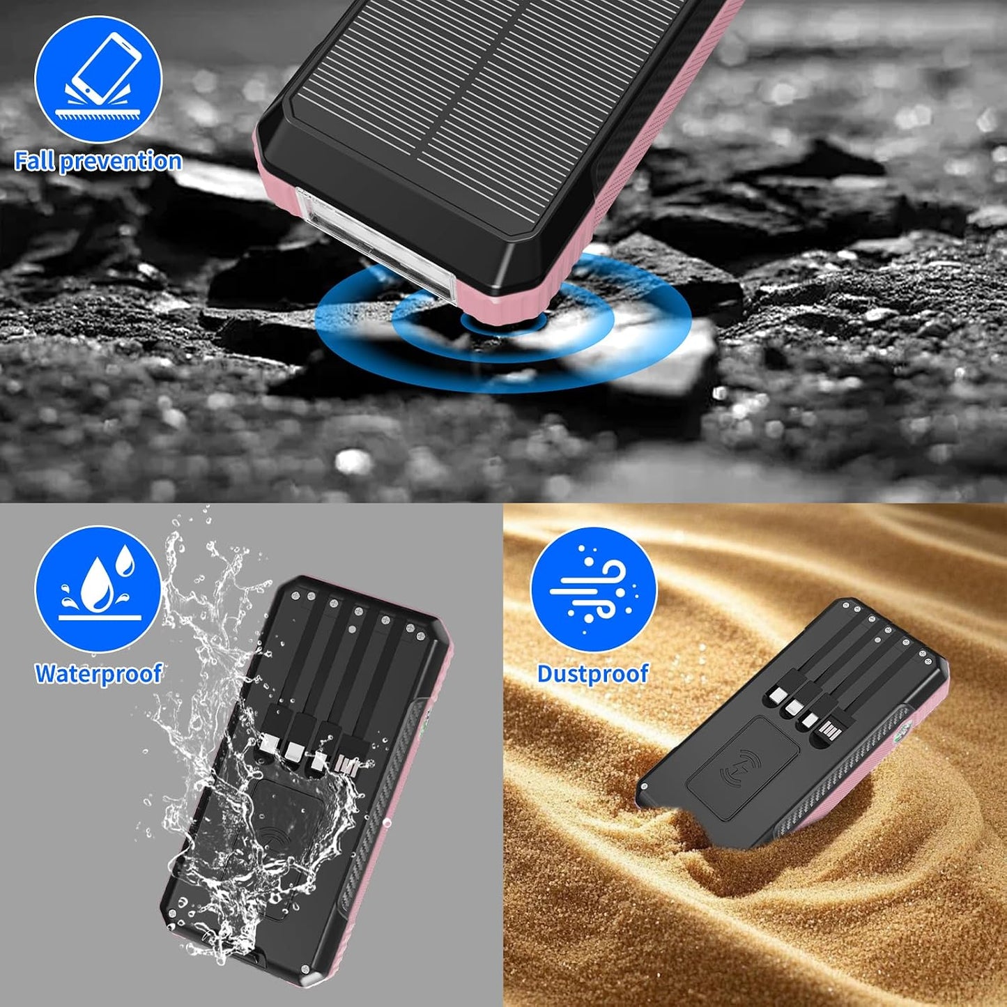 Solar Power Bank 49800mAh, Portable Charger with Built-in 4 Cables, 22.5W Fast Charging Solar Panel Charger for Traveling, Camping and Emergency(Pink)