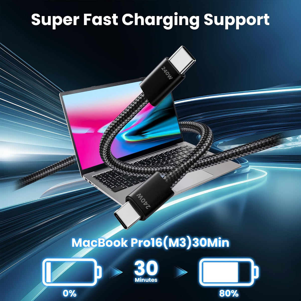 240W USB C to USB C Cable, 5 Pack Braided Type-C Fast Charging Cord(Black)