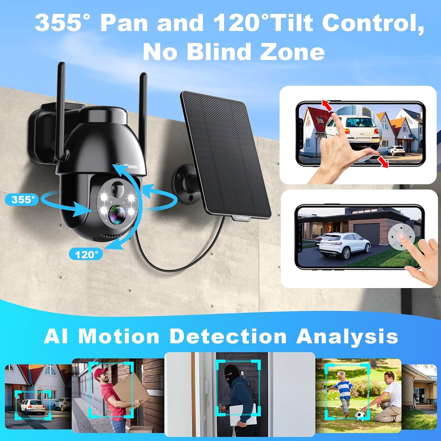 SeeVision Solar Security Cameras Wireless Outdoor, 2K PTZ WiFi 3MP Indoor Security Camera for Home with Spotlight, PIR Motion Detection,Siren, Color Night Vision, 2-Way Talk, SD/Cloud Storage
