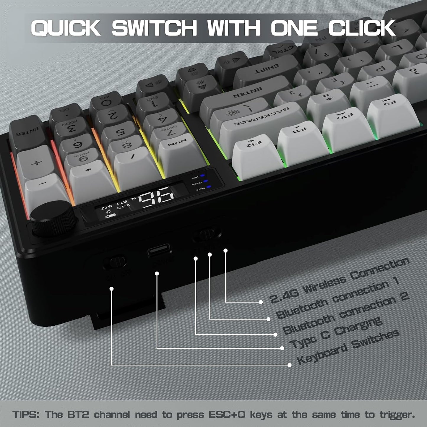 LexonElec M96 Wireless Keyboard, Low Profile Quiet Typing Membrane Gaming Keyboard with Smart Display & Knob, RGB Backlit, USB C Rechargeable, 94 Keys PBT Keycap for Windows PC,Mac,Linux-Moonlit Night