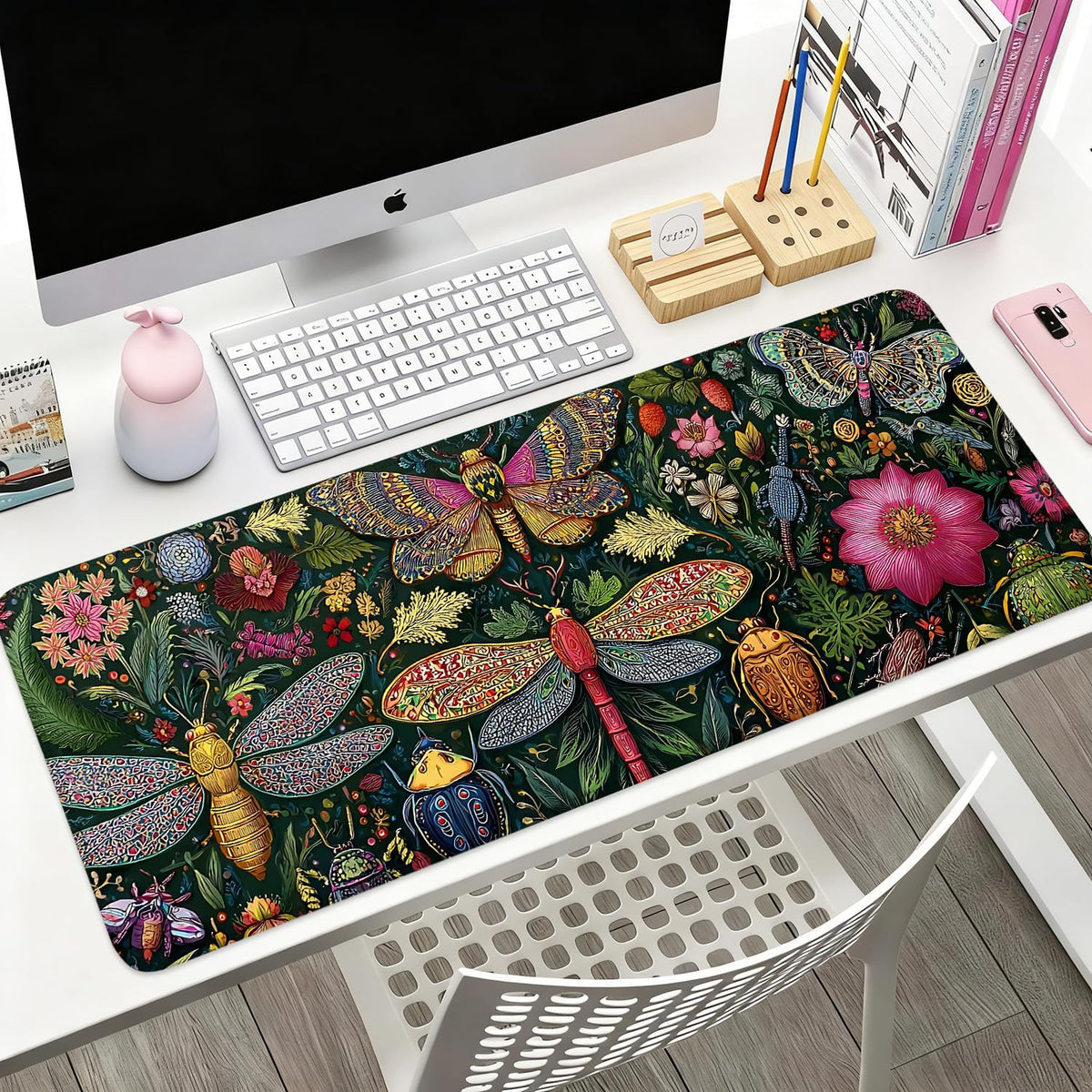 Desk Mat, XXL Extended Gaming Pad for Desktop, 31x12 Inches Butterflies and Dragonflies Garden Scene, Large Non-Slip Vegan Leather Keyboard Mouse Mat for Home Office