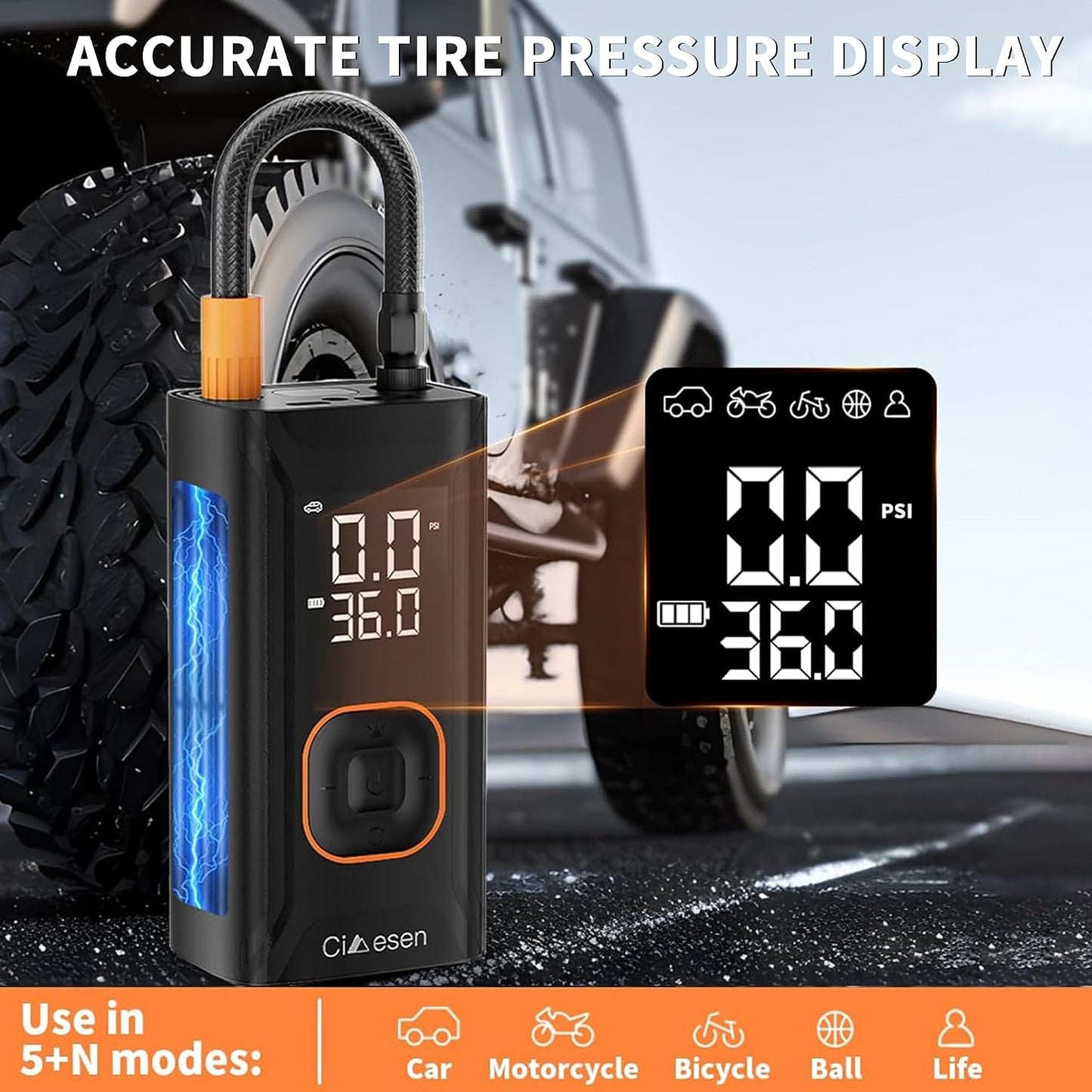 Tire Inflator, Portable Bike Pump 150 PSI with Pressure Gauge | Cordless Air Pump, Portable Air Compressor, Auto Shut Off, Car Tires, Bike Tires, Motorcycle, E-Bike, Sports Balls