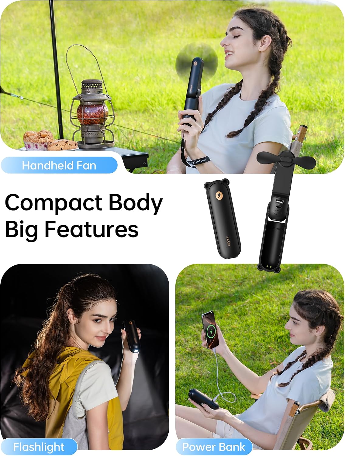 JISULIFE Handheld Fan 8 Plus: 40H Cooling & 4500mAh PowerBank & Flashlight | USB Rechargeable, Portable Pocket Size for Travel, Makeup, Concerts, Summer Gifts for Women(Black)
