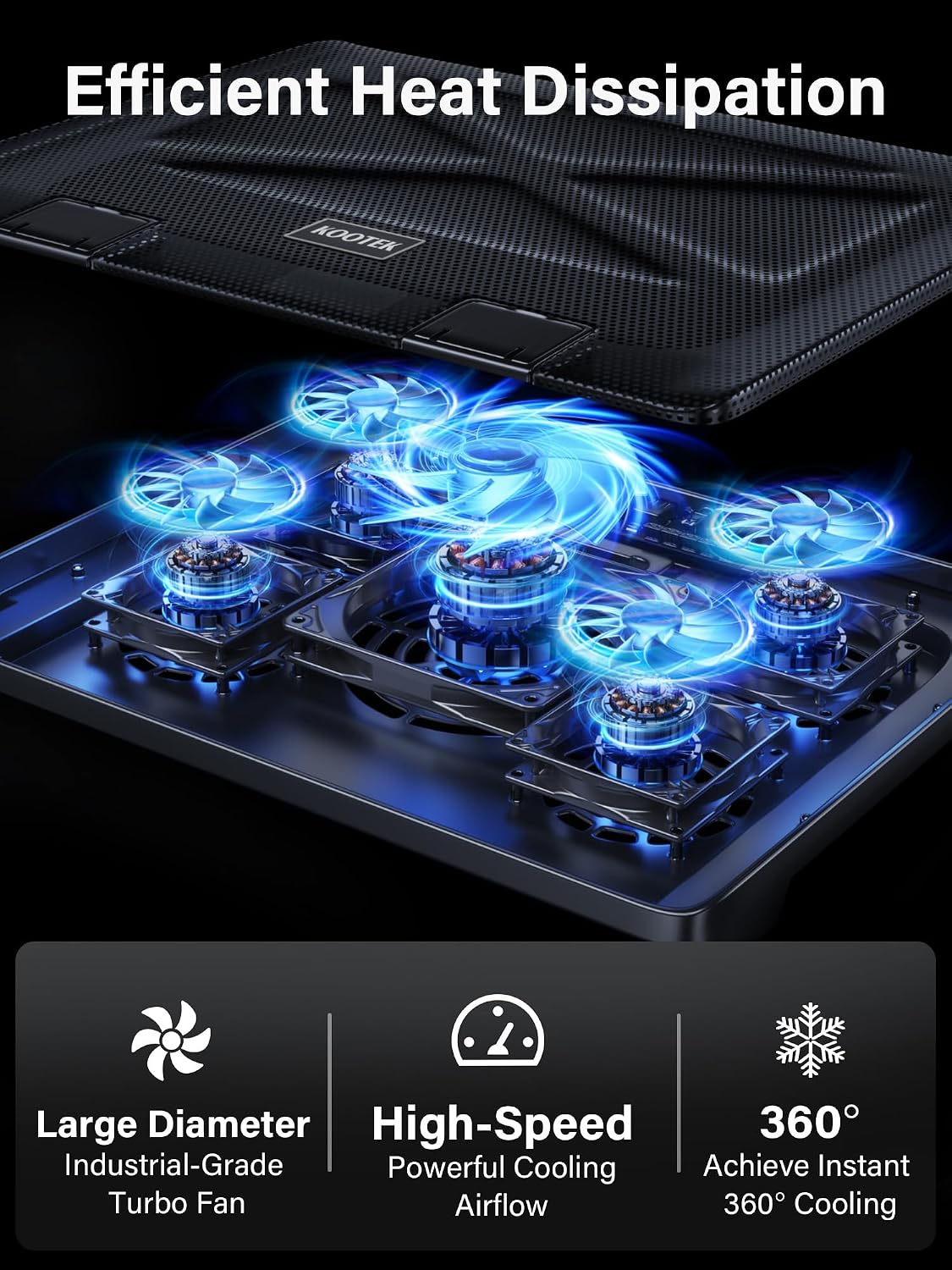 Kootek Laptop Cooling Pad Cooler Stand with 5 Quiet Fans for 12"-17" Laptop | 5 Fans, USB Powered, Laptop Cooling Stand with 2 USB Hub, 6 Adjustable Height, 360° Cooling Coverage, Anti-Slip, Blue LED