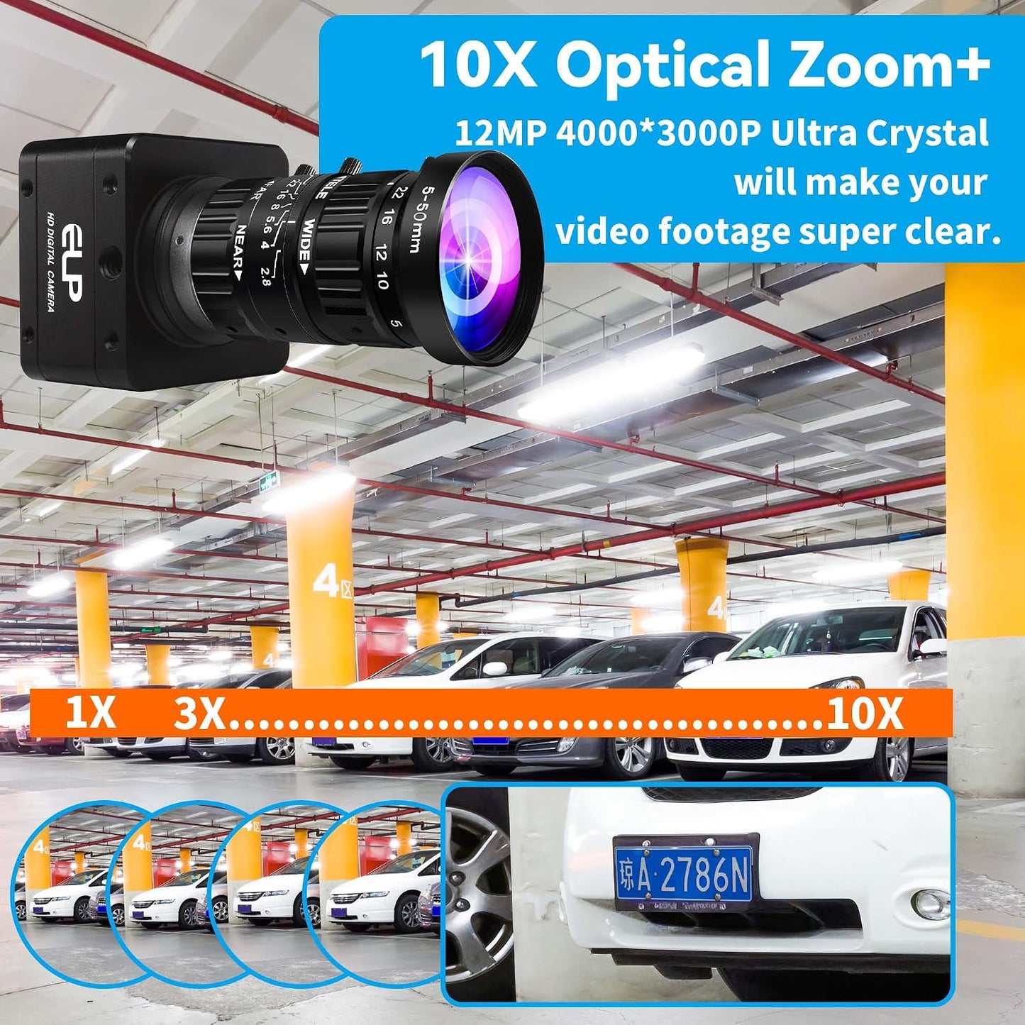 ELP High Speed USB Zoom Camera, 1080P/230fps, 4K/60fps, 12MP/30fps, USB3.0/2.0 Manual Focus Lightburn Cameras for Windows, Linux, Mac, Pi, Fast Frame 5-50mm 10X Zoom IMX577 Webcam for PC Jetson Nano