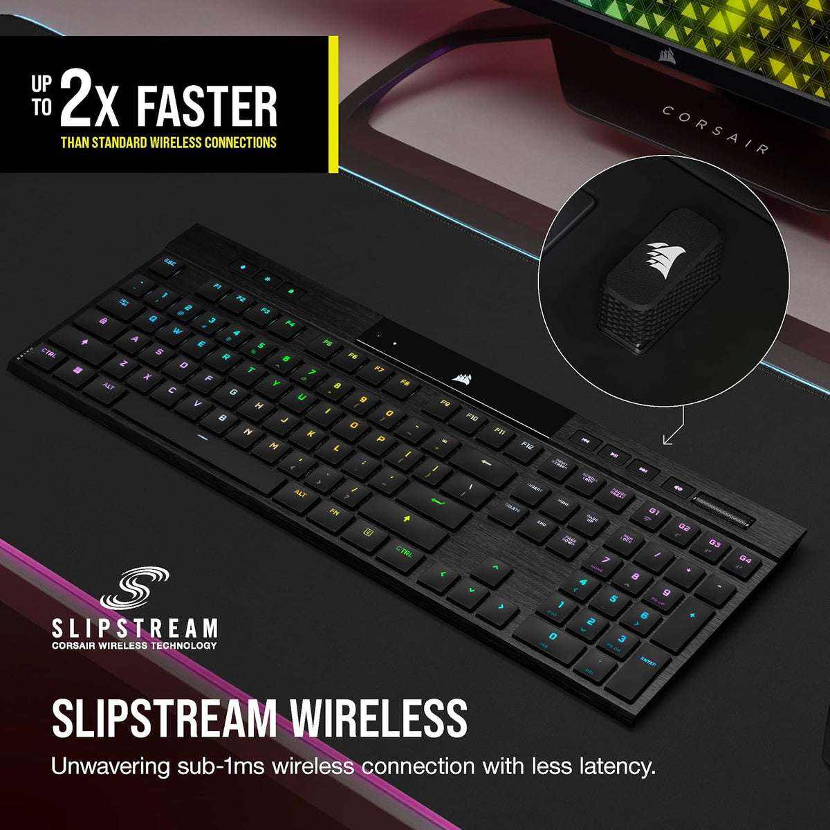 Corsair K100 AIR Wireless RGB Mechanical Gaming Keyboard - Ultra-Thin, Sub-1ms Slipstream, Low-Latency Bluetooth, Cherry MX Ultra Low Profile Keyswitches - NA Layout, QWERTY - Black