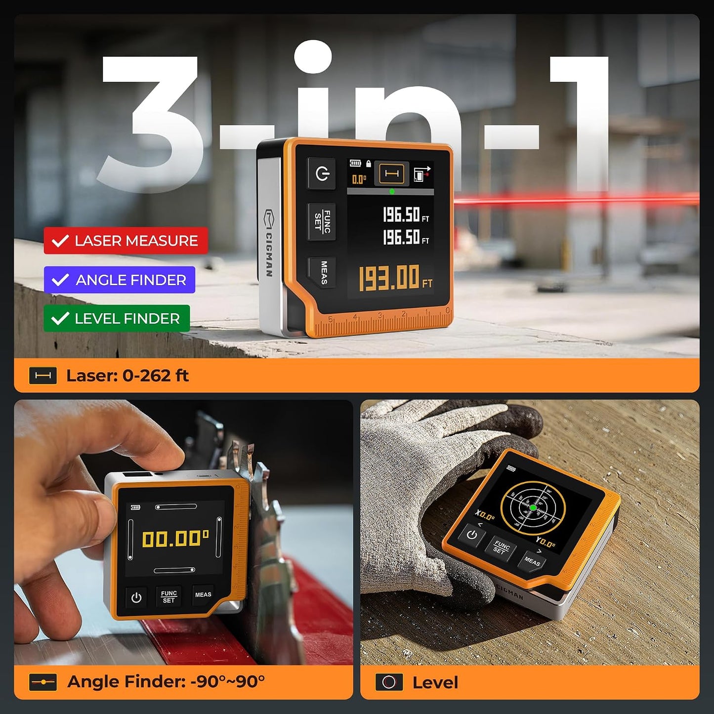 Laser Measuring Tool, 262ft Laser Measure with Digital Angle Finder & Level | 3 in 1 Laser Tape Measure, 2.4'' Color Backlit Display, 6 Units, Multi Modes, Magnetic, Rechargeable, Accurate for Carpenters